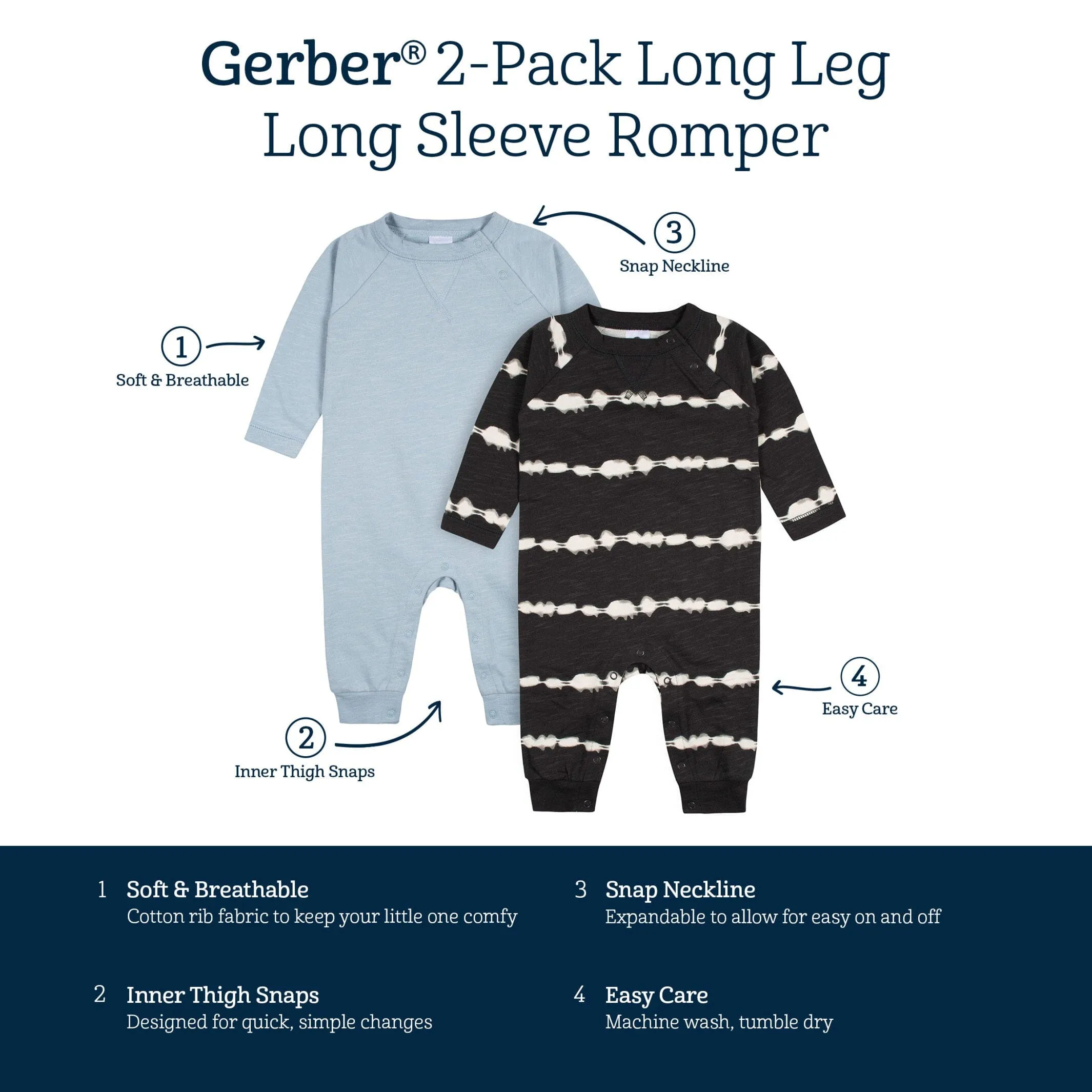 2-Pack Baby Boys Dark Gray Tie Dye & Blue Raglan Sleeve Romper Gerber Childrenswea