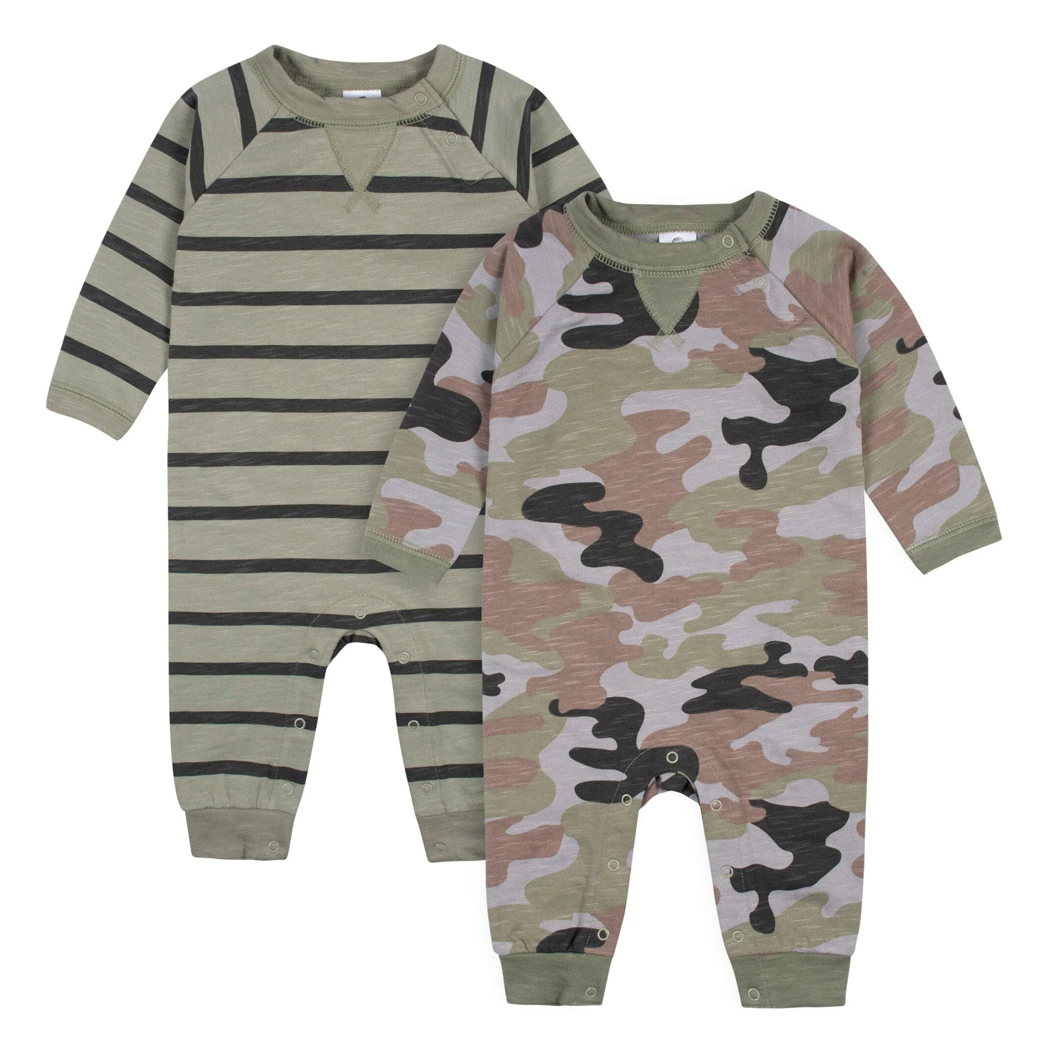 2-Pack Baby Boys Green Camo & Striped Raglan Sleeve Romper Gerber Childrenswea