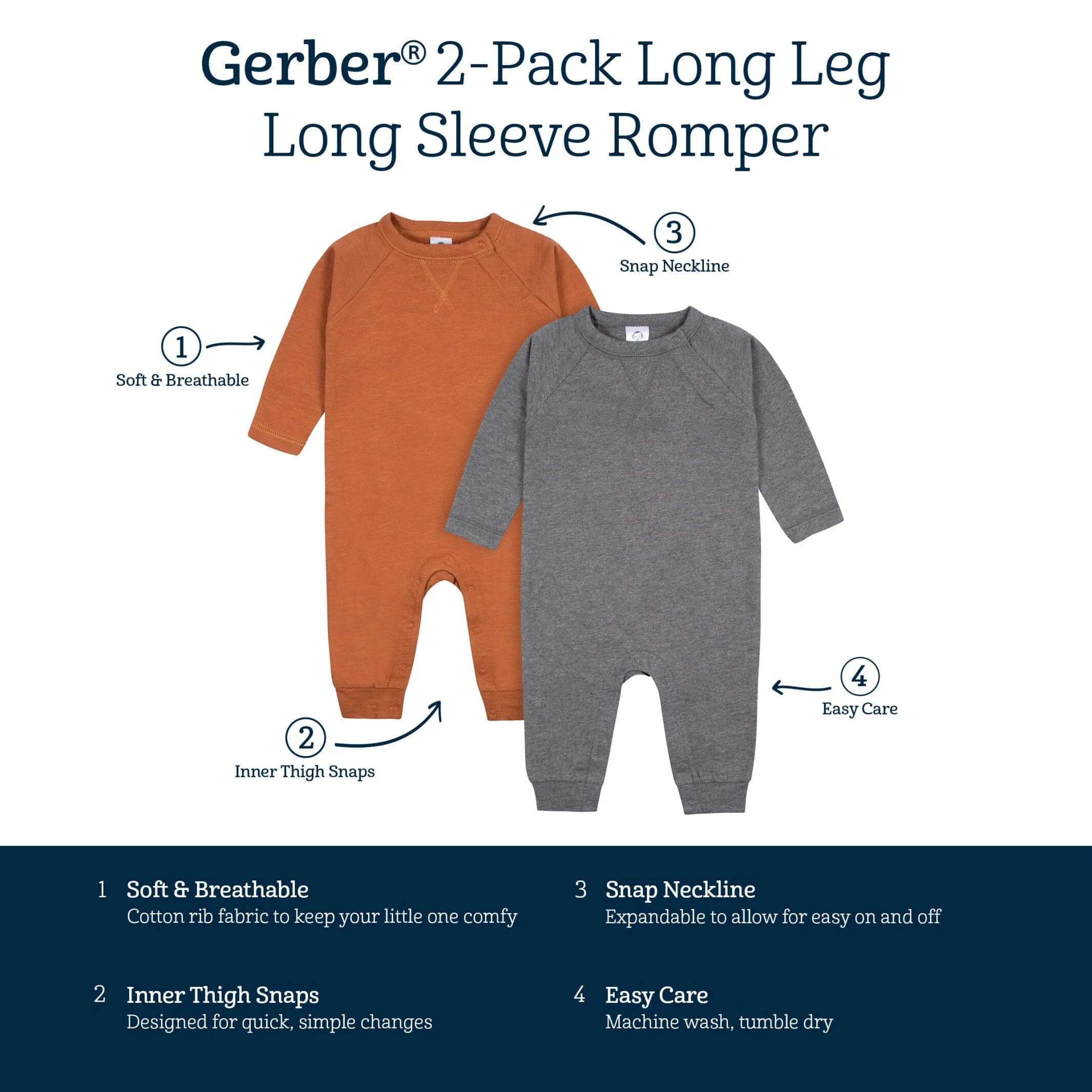 2-Pack Baby Boys Heather Gray & Rust Raglan Sleeve Romper Gerber Childrenswea