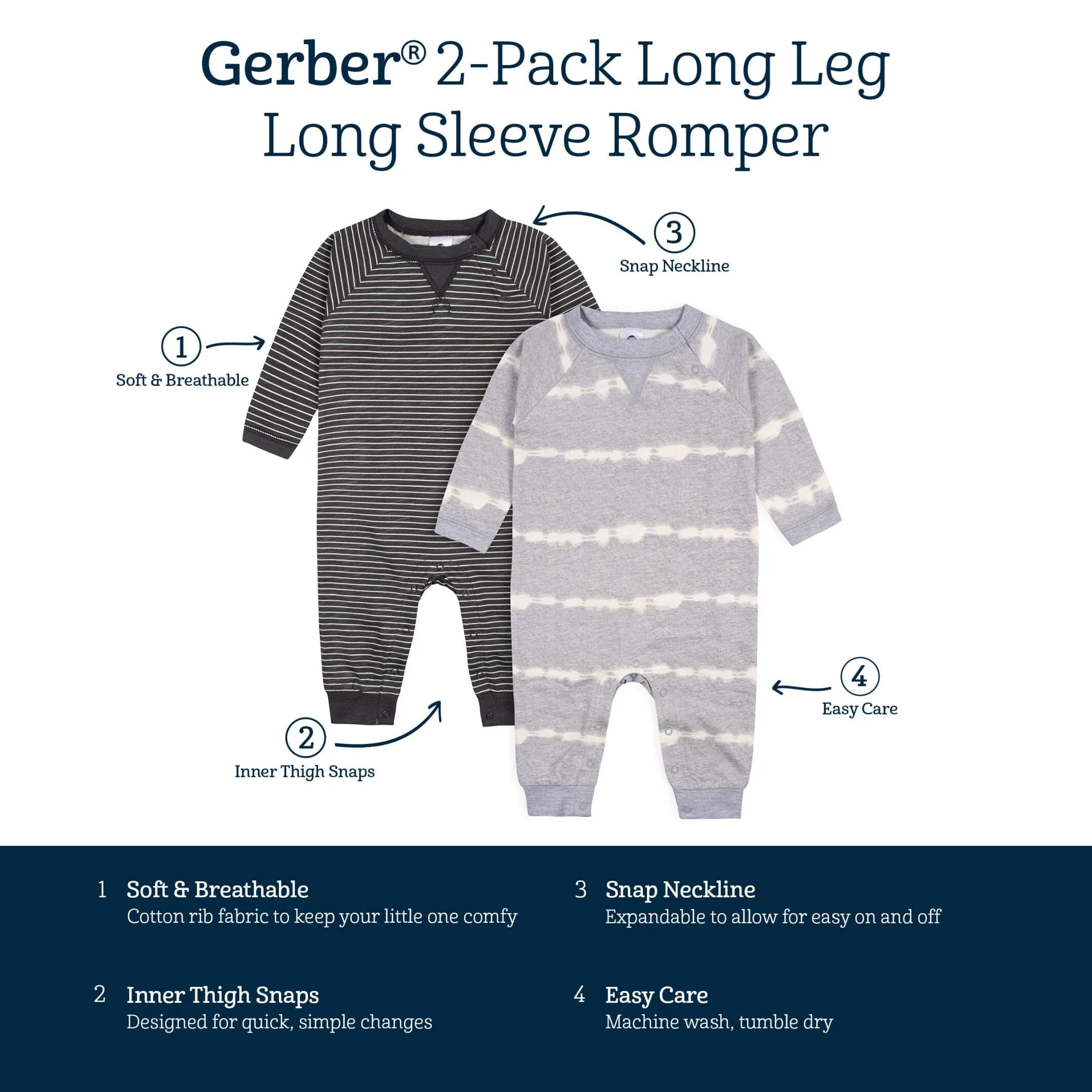 2-Pack Baby Boys Light Gray Tie Dye & Striped Raglan Sleeve Romper Gerber Childrenswea