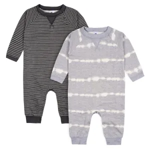 2-Pack Baby Boys Light Gray Tie Dye & Striped Raglan Sleeve Romper Gerber Childrenswea