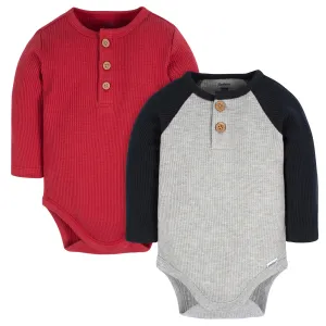 2-Pack Baby Boys Red & Heather Gray Long Sleeve Henley Onesies Bodysuits Gerber Childrenswea