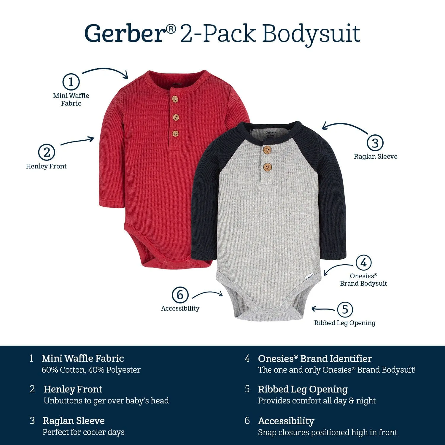 2-Pack Baby Boys Red & Heather Gray Long Sleeve Henley Onesies Bodysuits Gerber Childrenswea