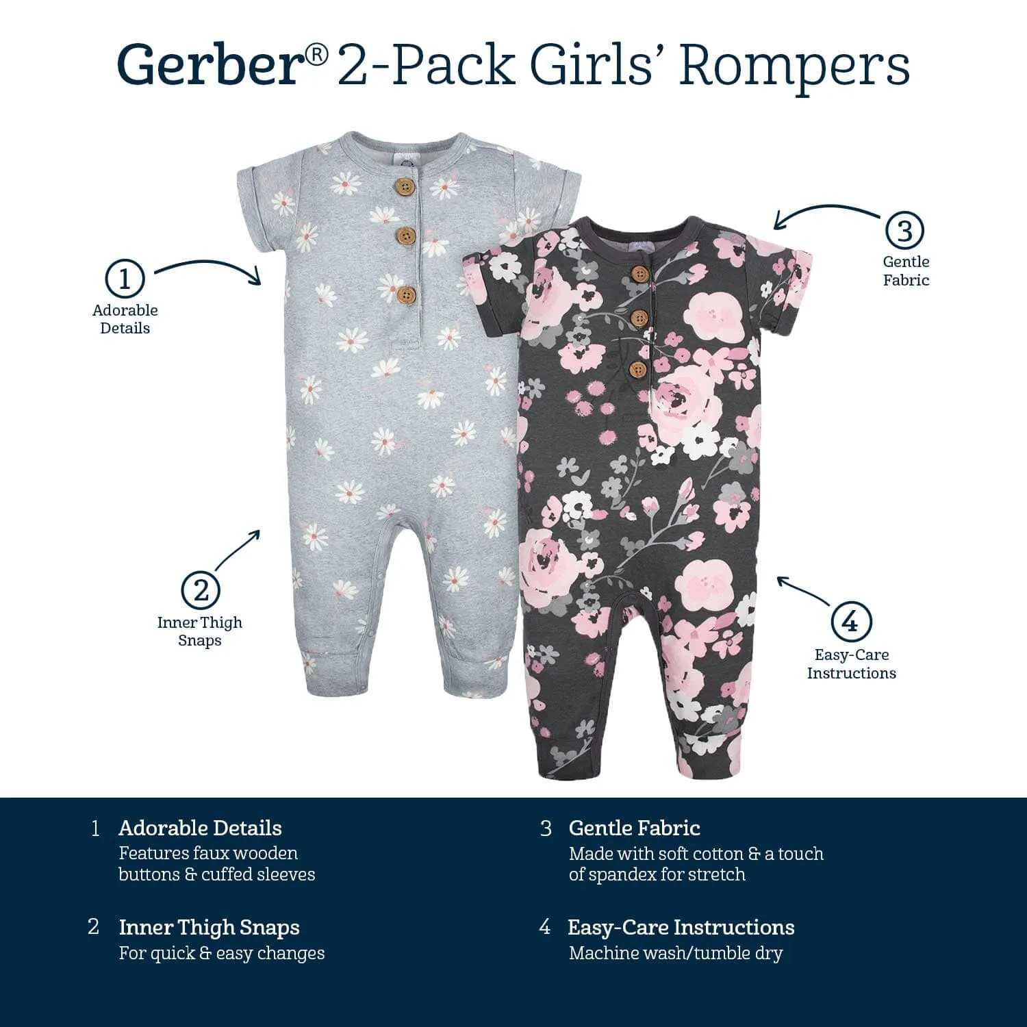 2-Pack Baby Girls Floral & Daisies Short Sleeve Rompers Gerber Childrenswea
