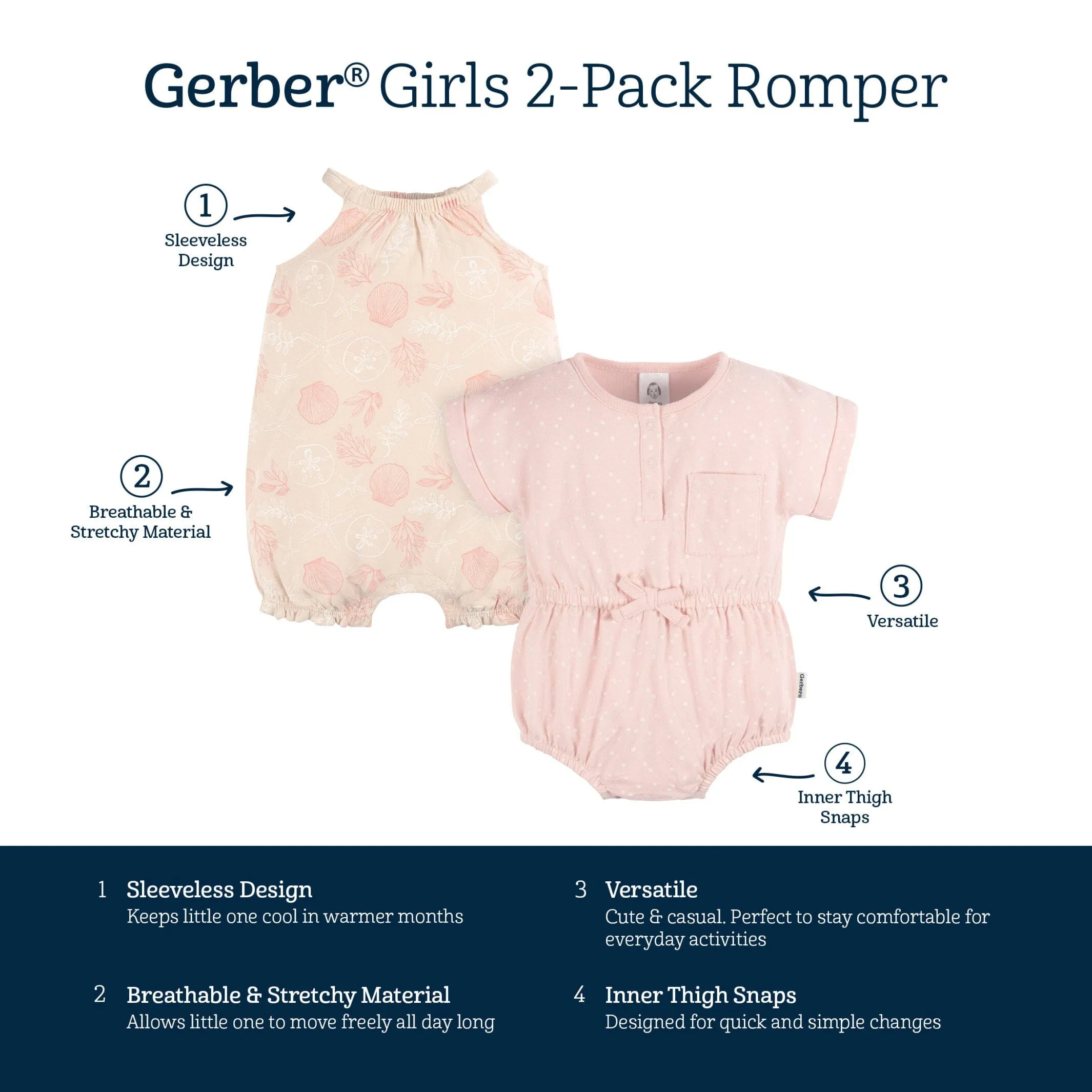 2-Pack Baby Girls Seashells Rompers Gerber Childrenswea