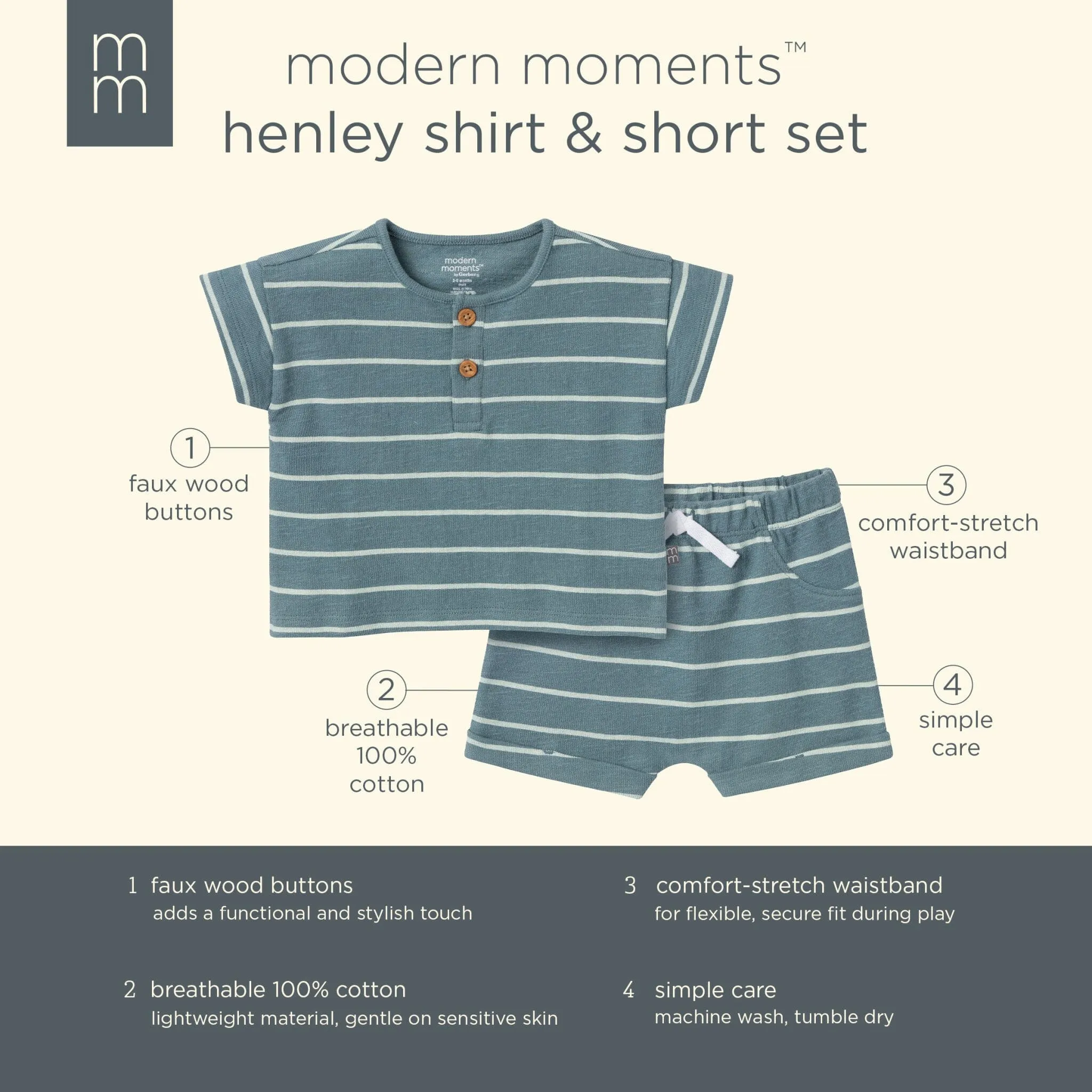 2-Piece Baby Boys Teal Stripe Henley Shirt and Shorts Set Gerber Childrenswea