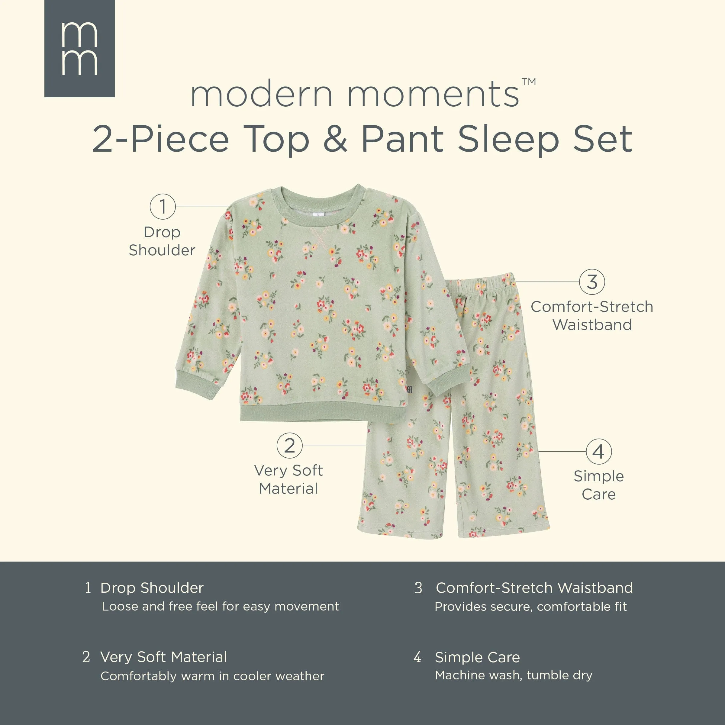 2-Piece Infant & Toddler Girls Green Flower Fleece Pajama Set Gerber Childrenswea