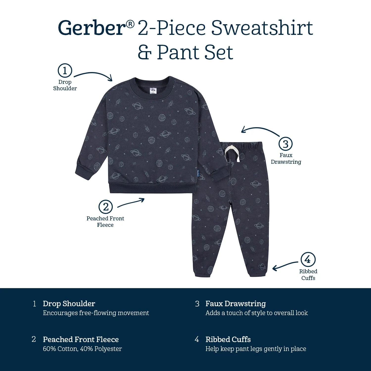 2-Piece Infant and Toddler Boys Navy Space Sweatshirt & Pant Set Gerber Childrenswea