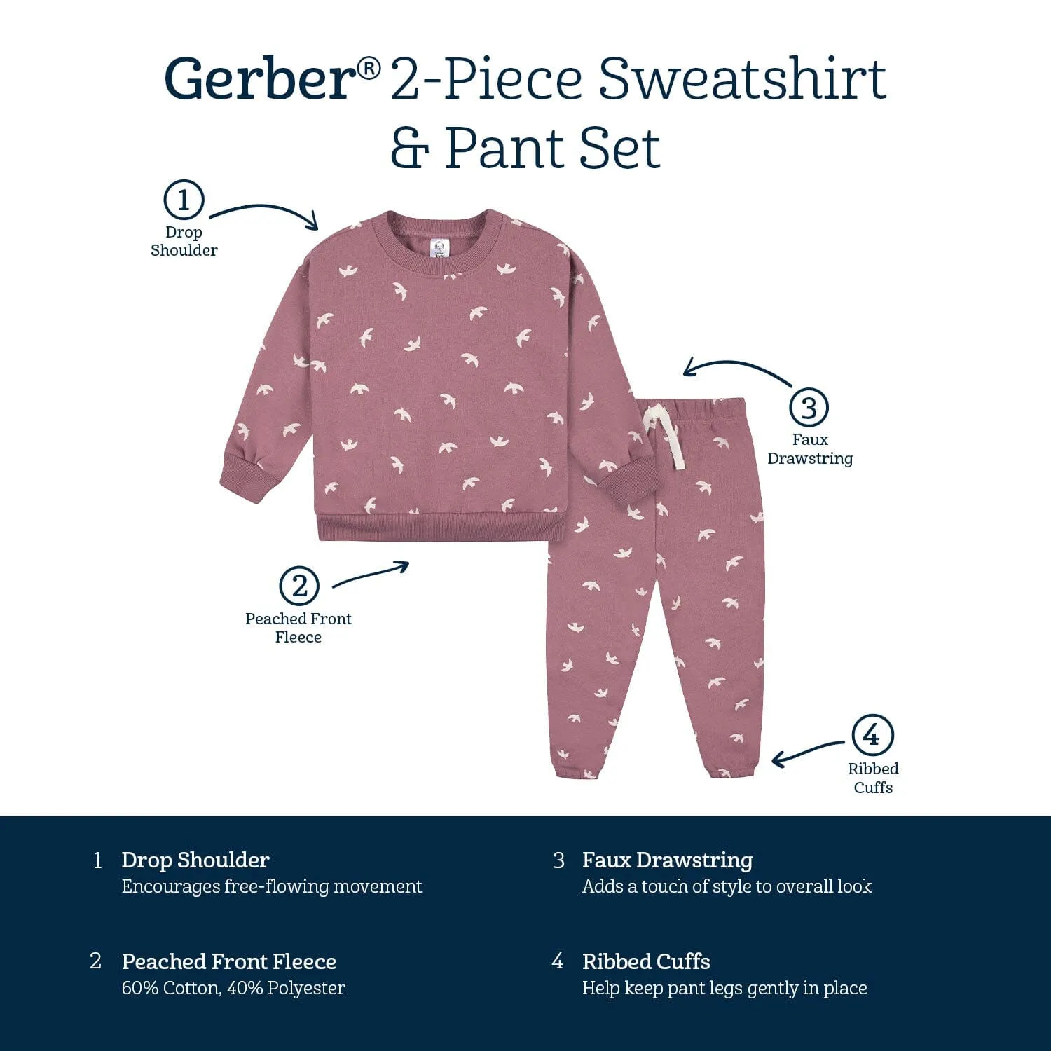 2-Piece Infant and Toddler Girls Birds Sweatshirt & Pant Set Gerber Childrenswea