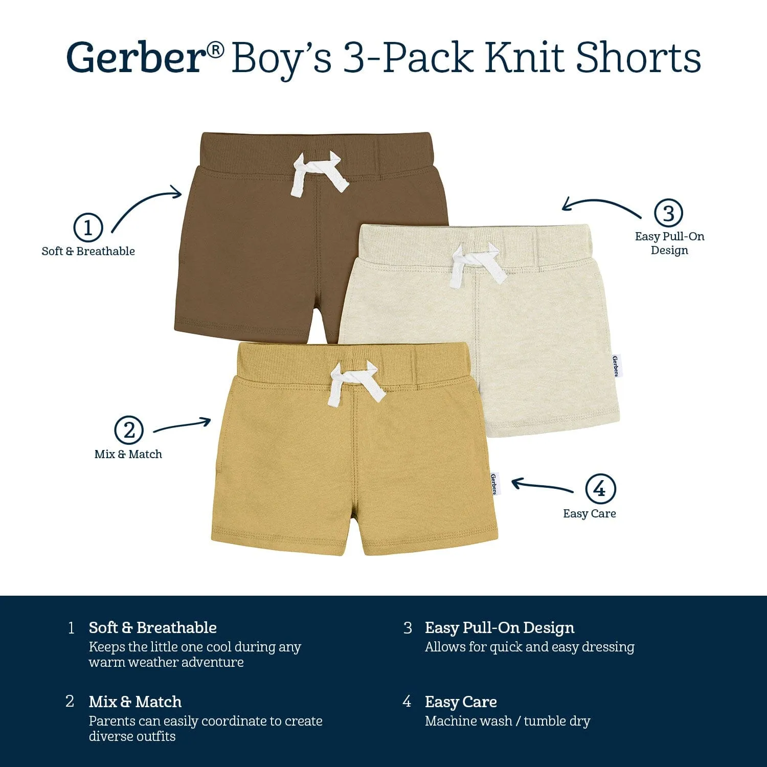3-Pack Baby & Toddler Boys Neutrals Knit Shorts Gerber Childrenswea
