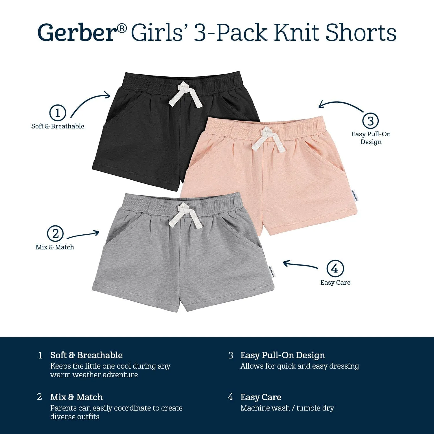 3-Pack Baby & Toddler Girls Black, Pink, & Grey Knit Shorts Gerber Childrenswea