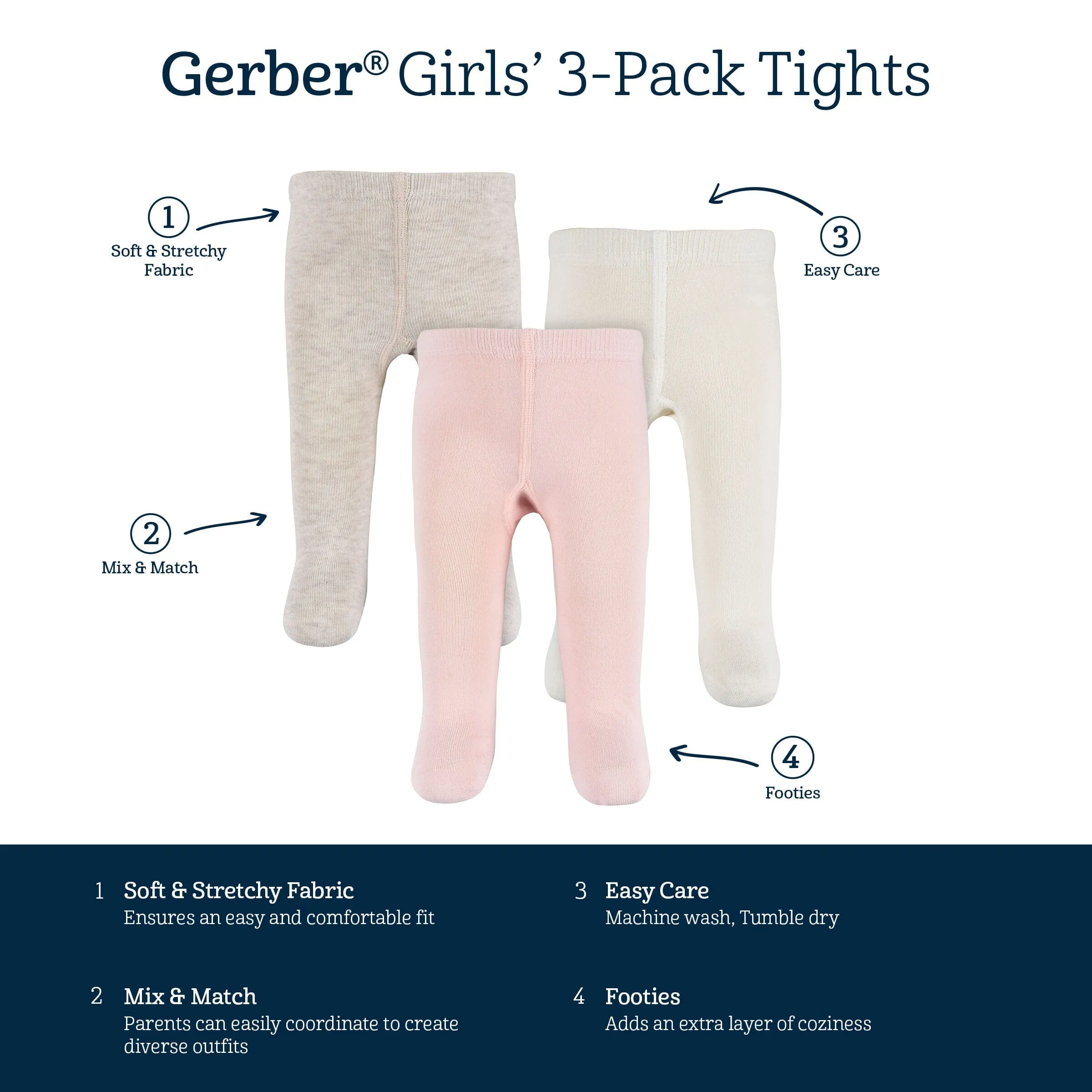 3-Pack Baby and Toddler Girls Oatmeal Heather, Ivory, and Pink Tights Gerber Childrenswea