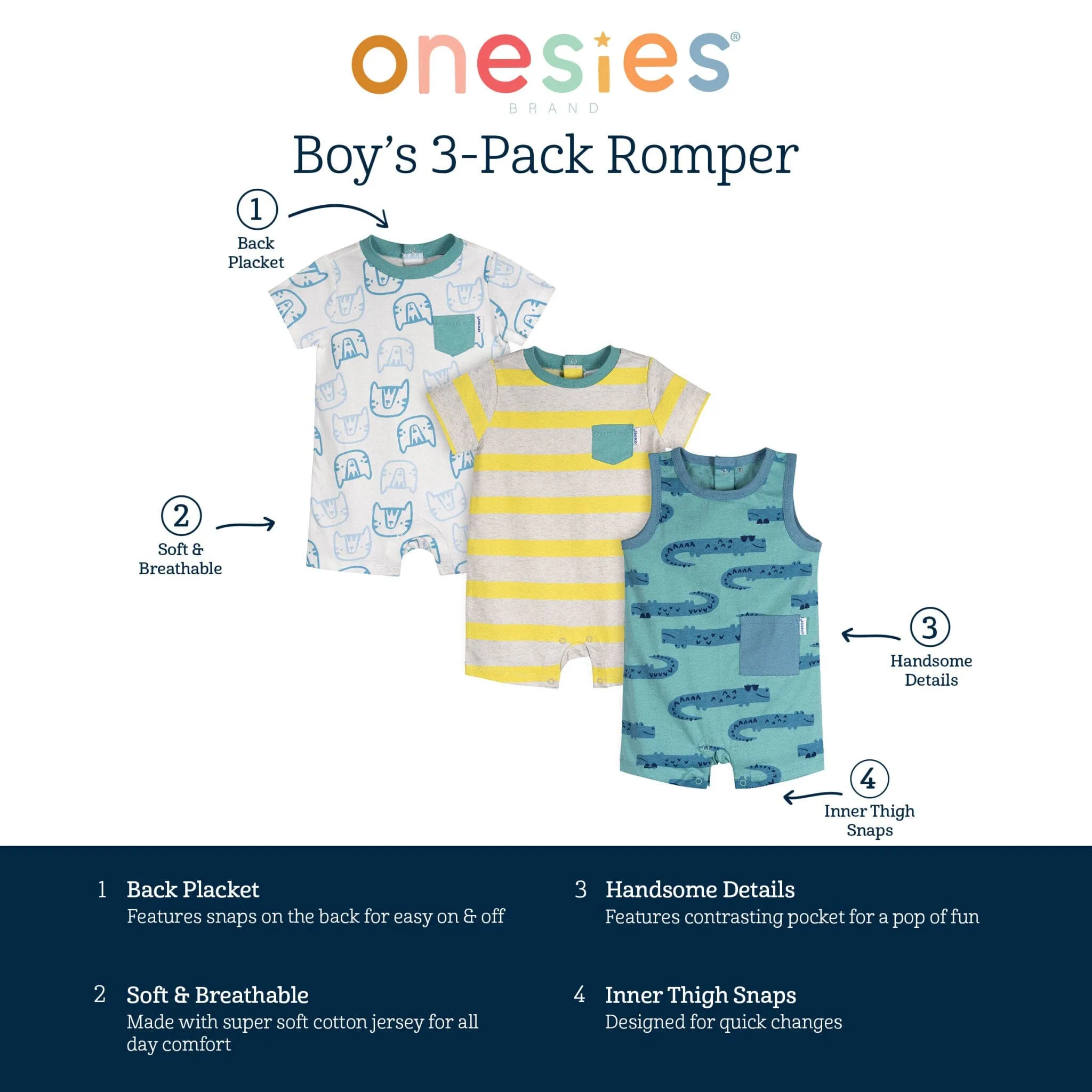 3-Pack Baby Boys Critters Rompers Gerber Childrenswea