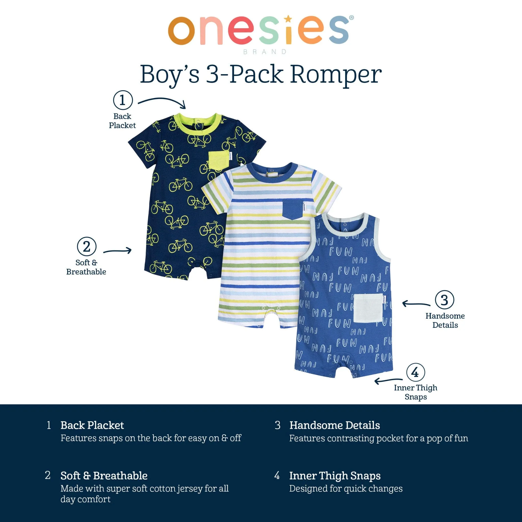 3-Pack Baby Boys Fun Rompers Gerber Childrenswea