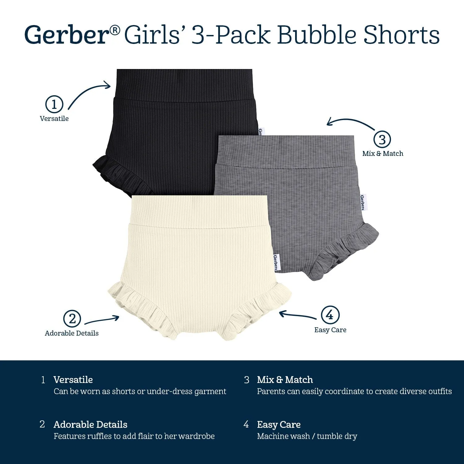3-Pack Baby Girls Black, Grey Heather, & Ivory Bloomer Shorts Gerber Childrenswea