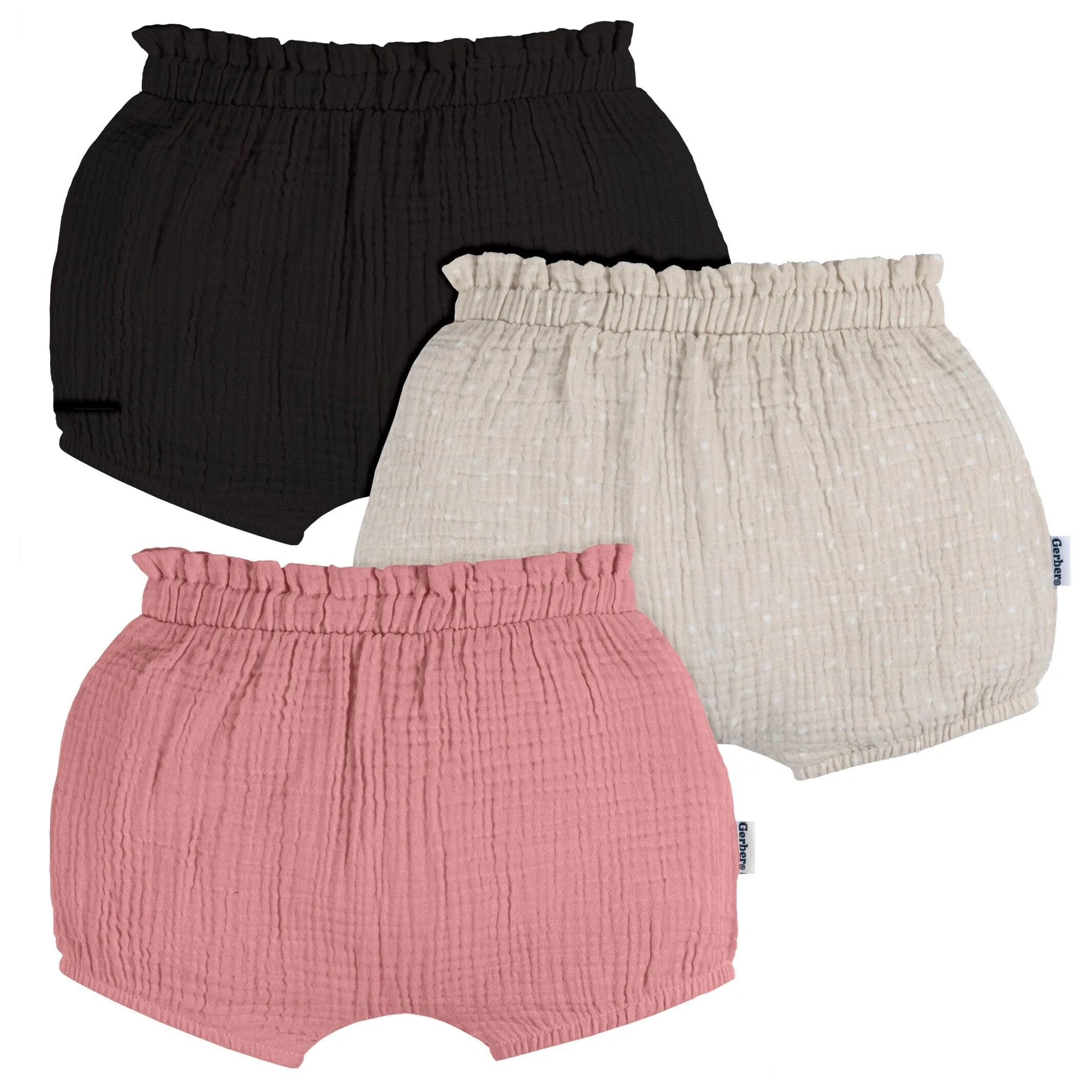 3-Pack Baby Girls Black, Tan Dot & Pink Gauze Bubble Shorts Gerber Childrenswea