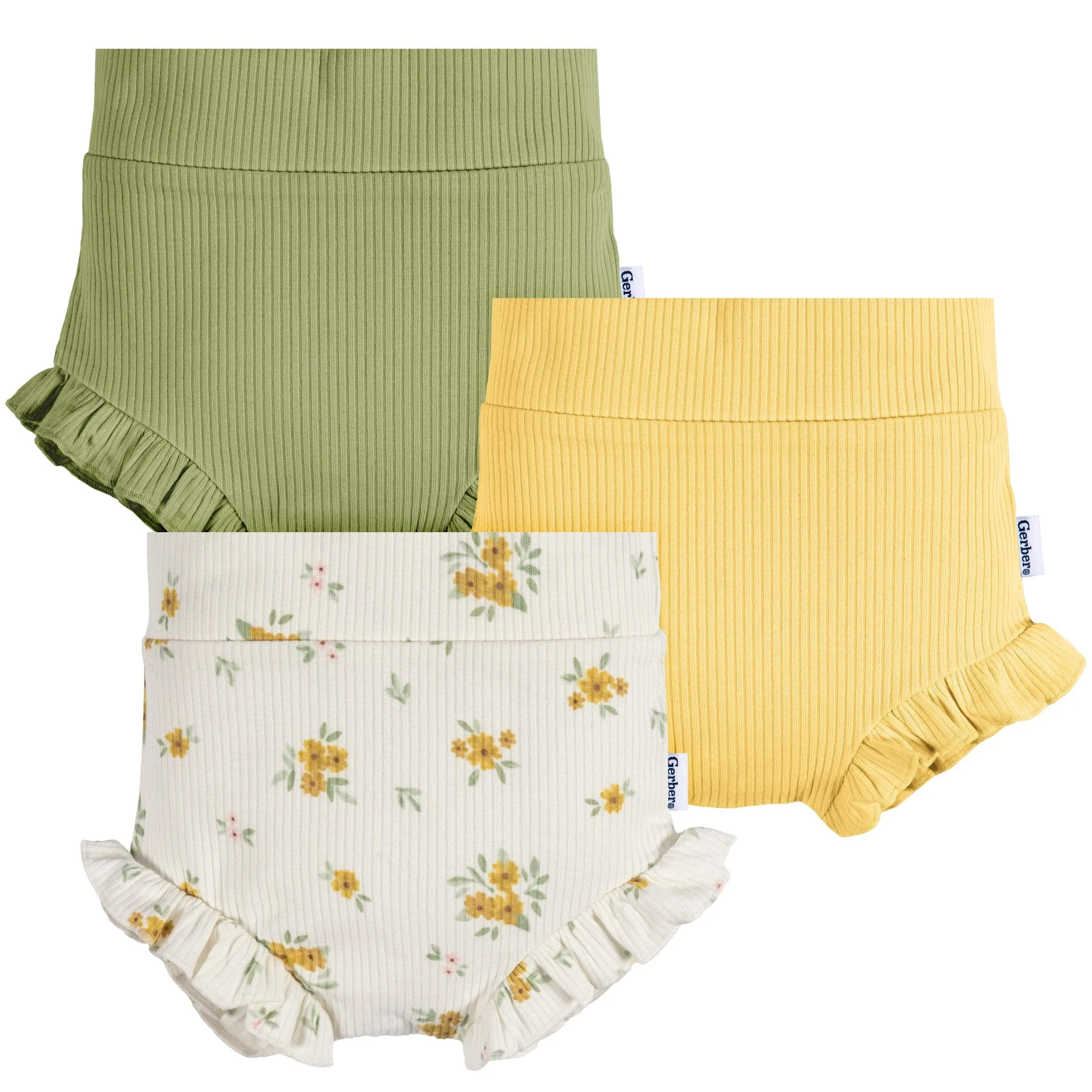 3-Pack Baby Girls Green, Yellow, & Ivory Floral Bloomer Shorts Gerber Childrenswea