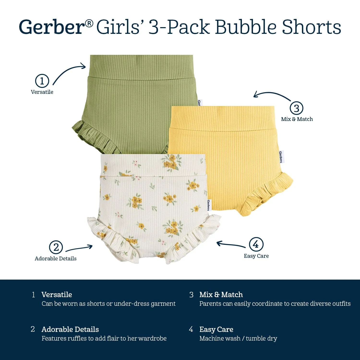 3-Pack Baby Girls Green, Yellow, & Ivory Floral Bloomer Shorts Gerber Childrenswea