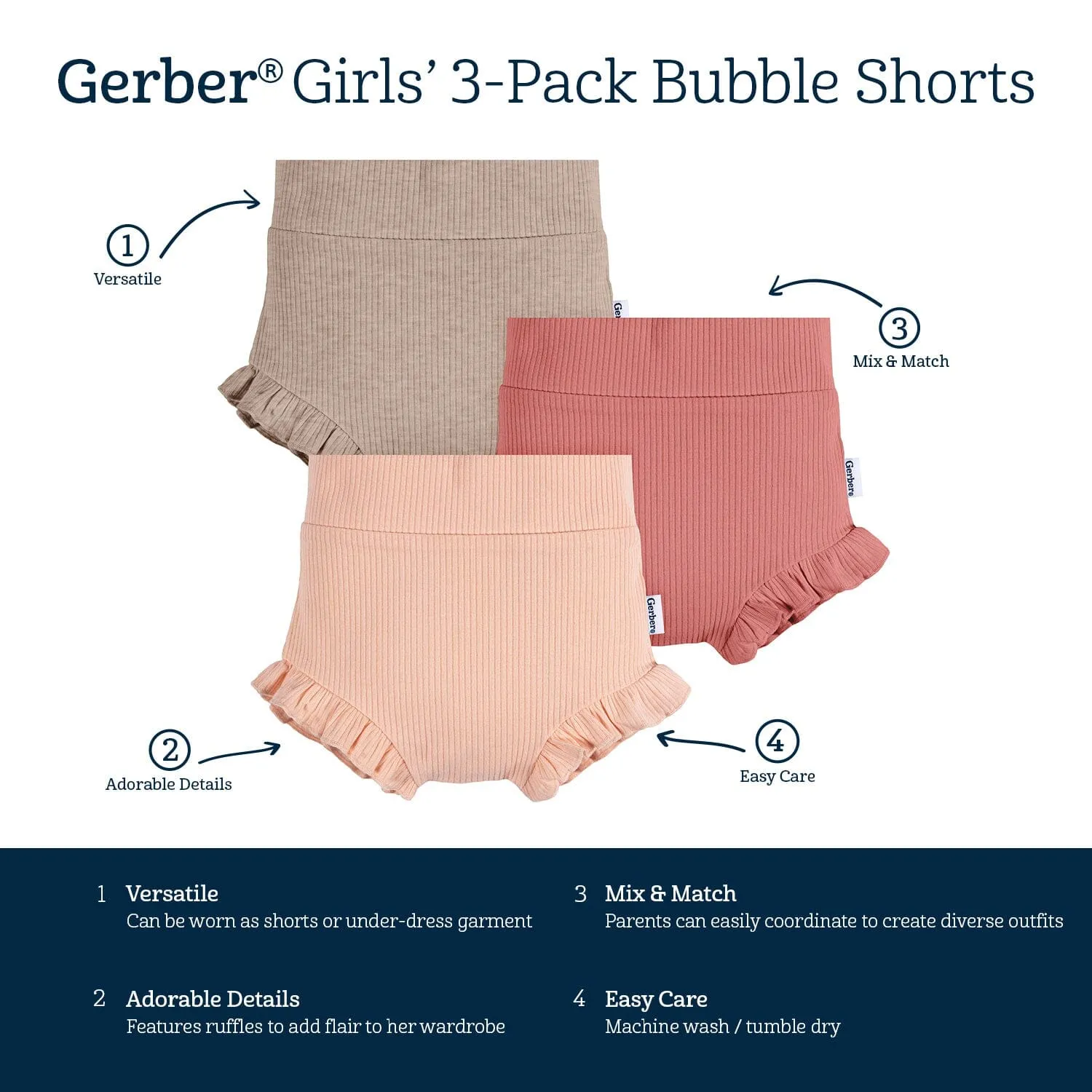 3-Pack Baby Girls Pinks & Oatmeal Bloomer Shorts Gerber Childrenswea