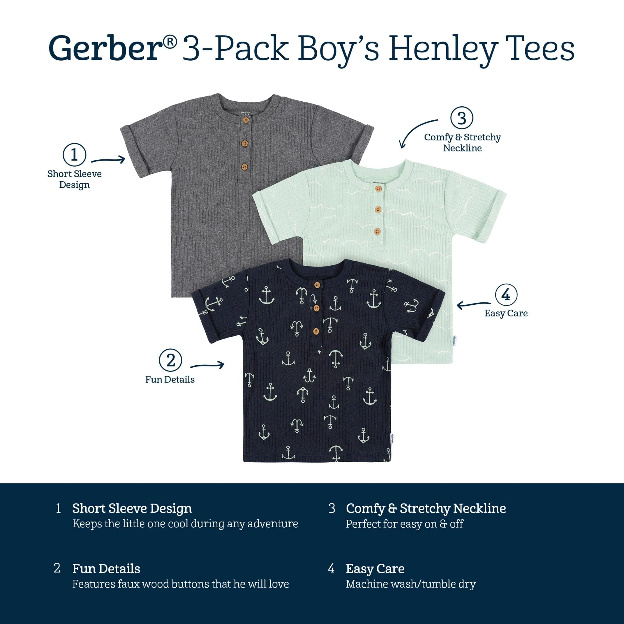 3-Pack Infant and Toddler Boys Anchor Henley T-Shirts Gerber Childrenswea
