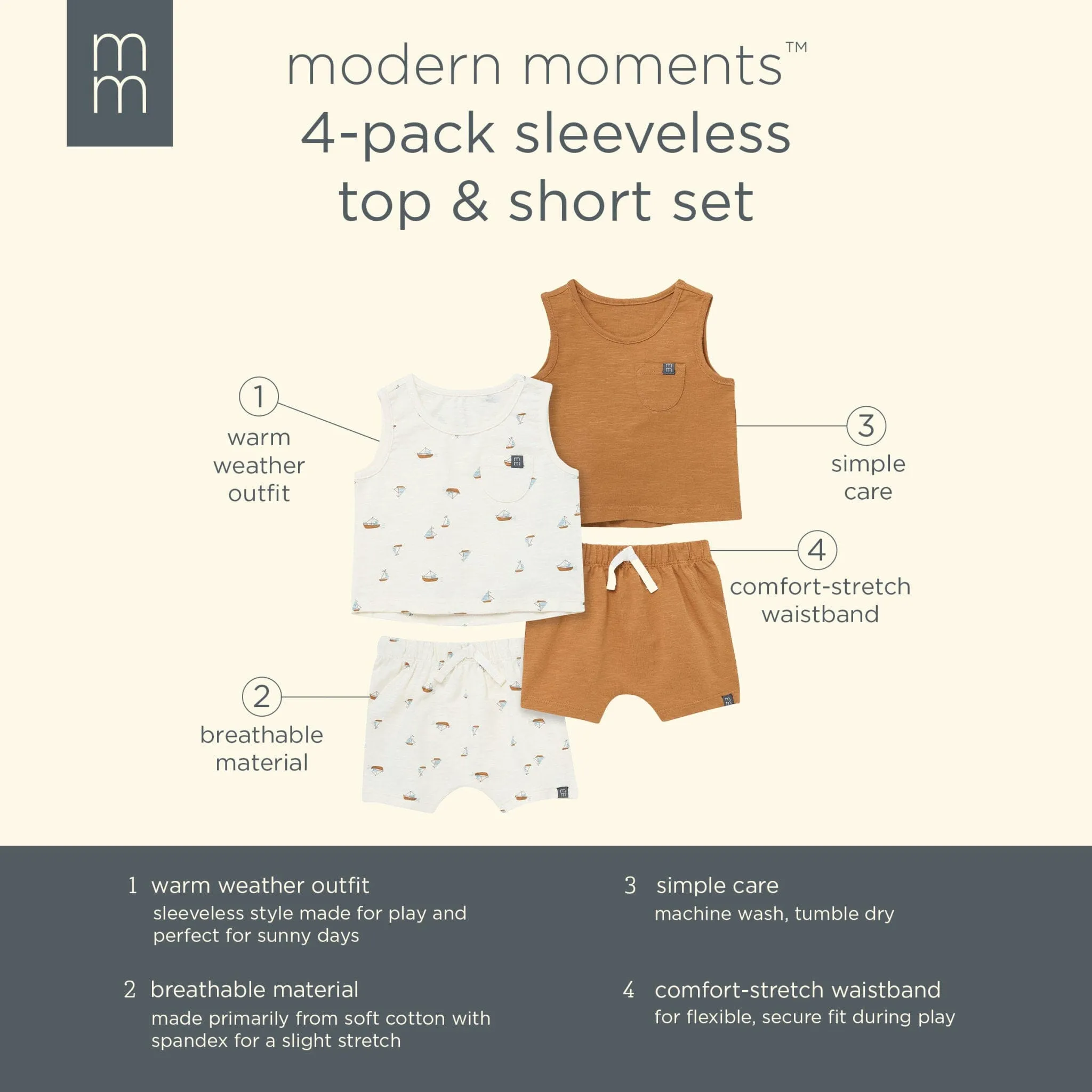 4-Piece Baby Boys Ivory Sailboats Sleeveless Shirts and Shorts Set Gerber Childrenswea