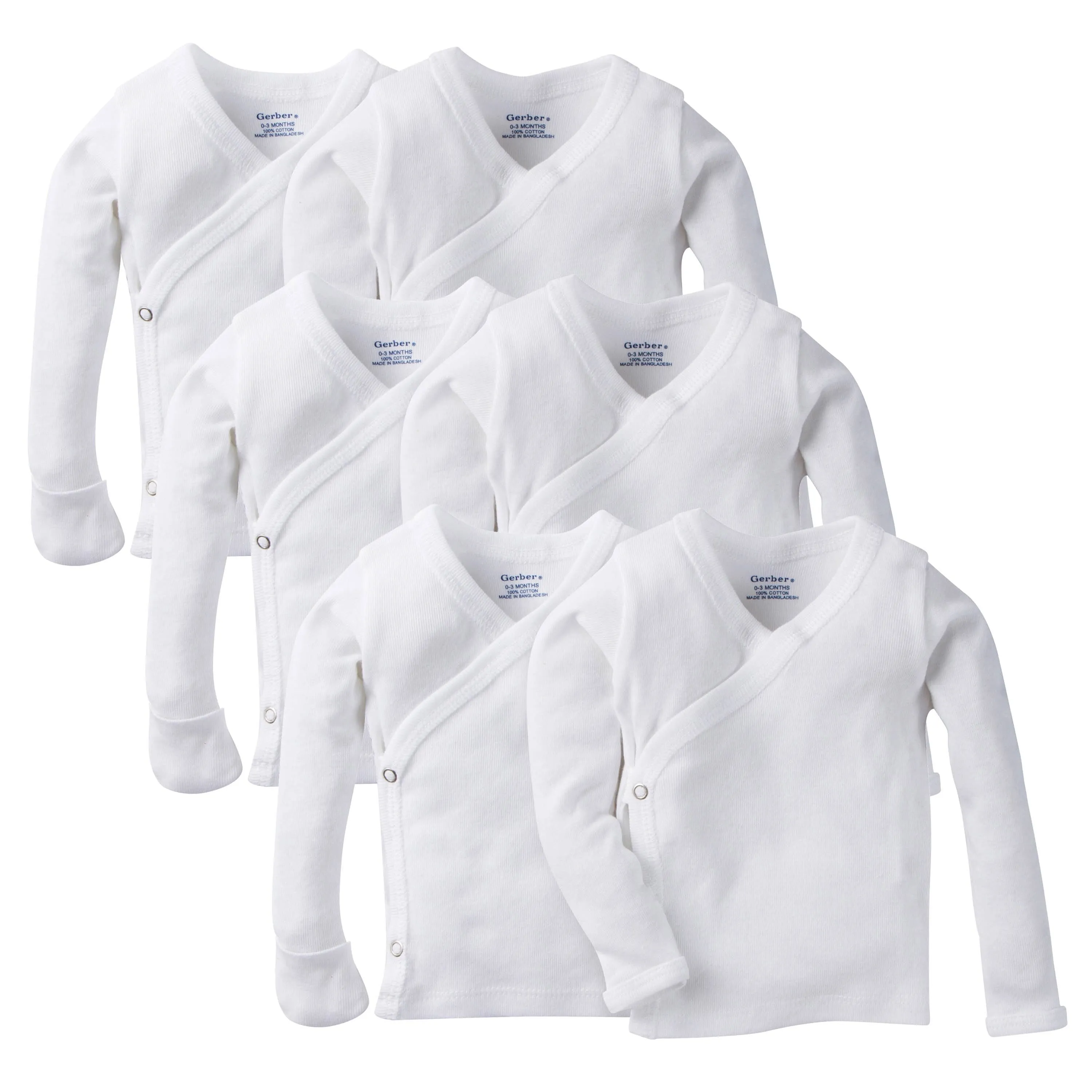 6-Pack Baby White Long-Sleeve Side-Snap Mitten-Cuff Shirts Gerber Childrenswea