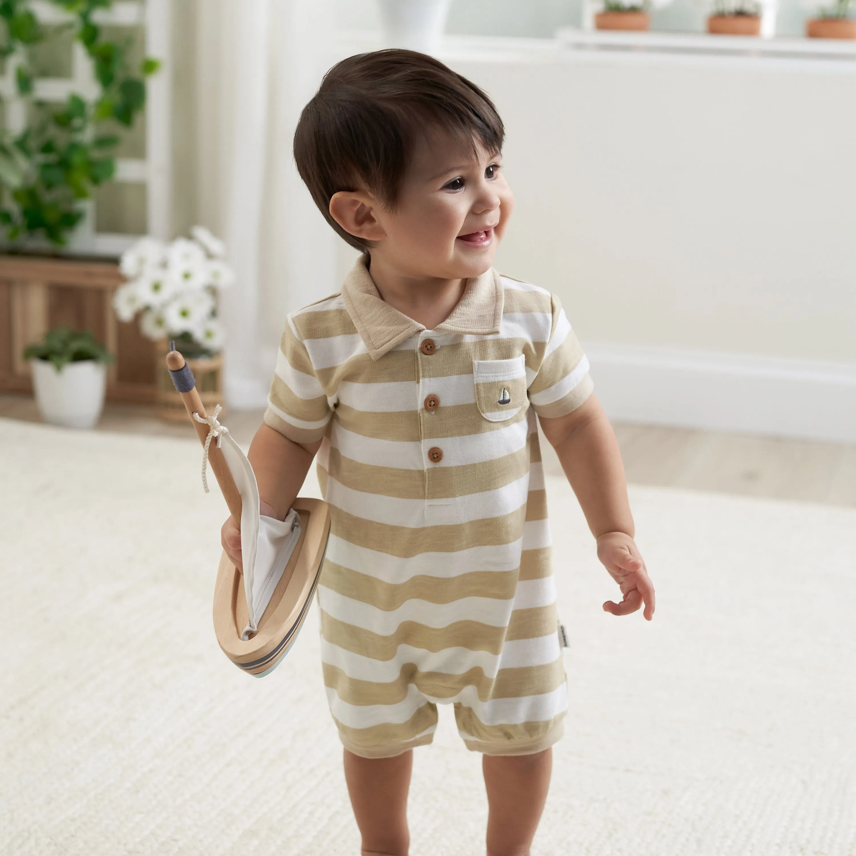 Baby Boys Tan Stripe Collared Romper Gerber Childrenswea