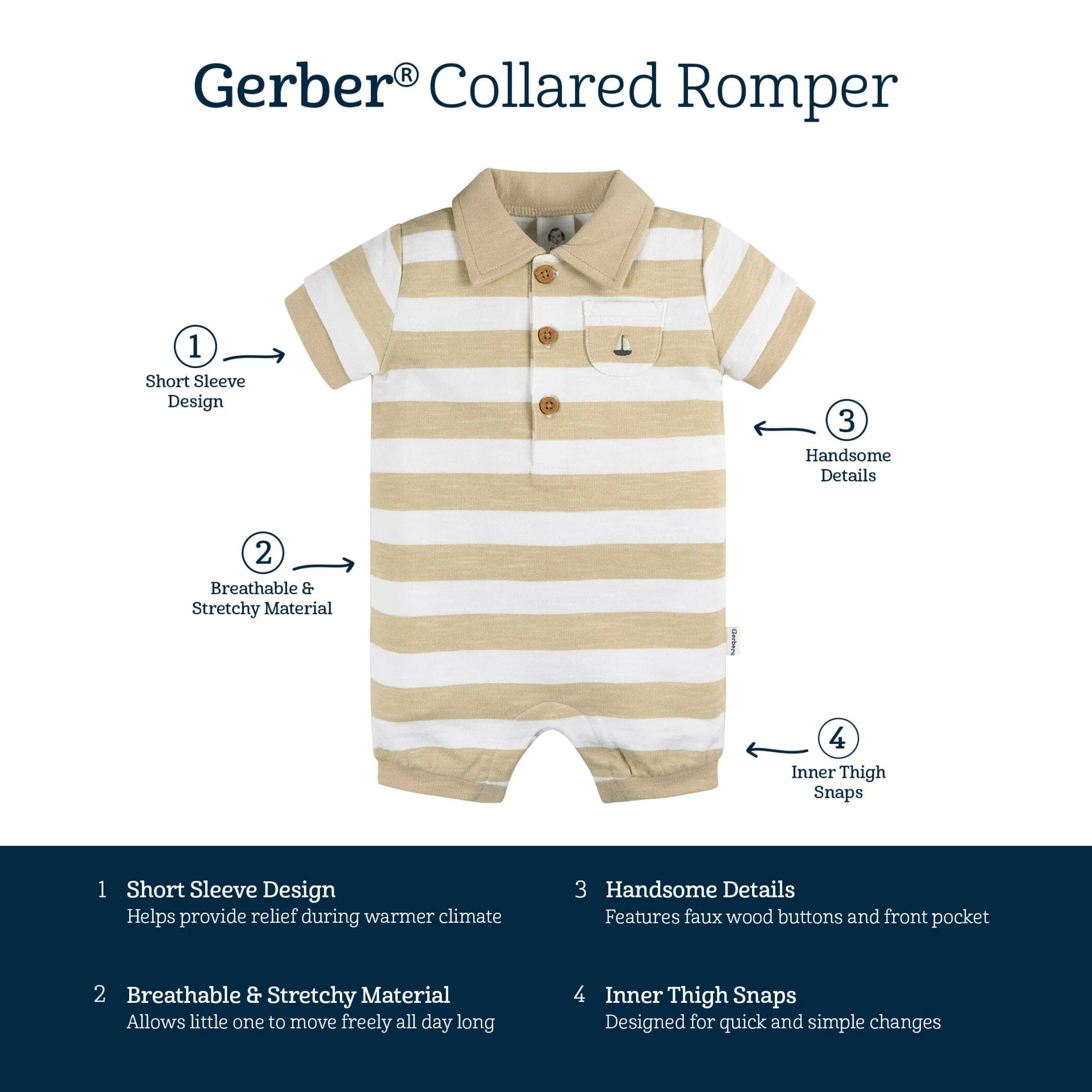 Baby Boys Tan Stripe Collared Romper Gerber Childrenswea