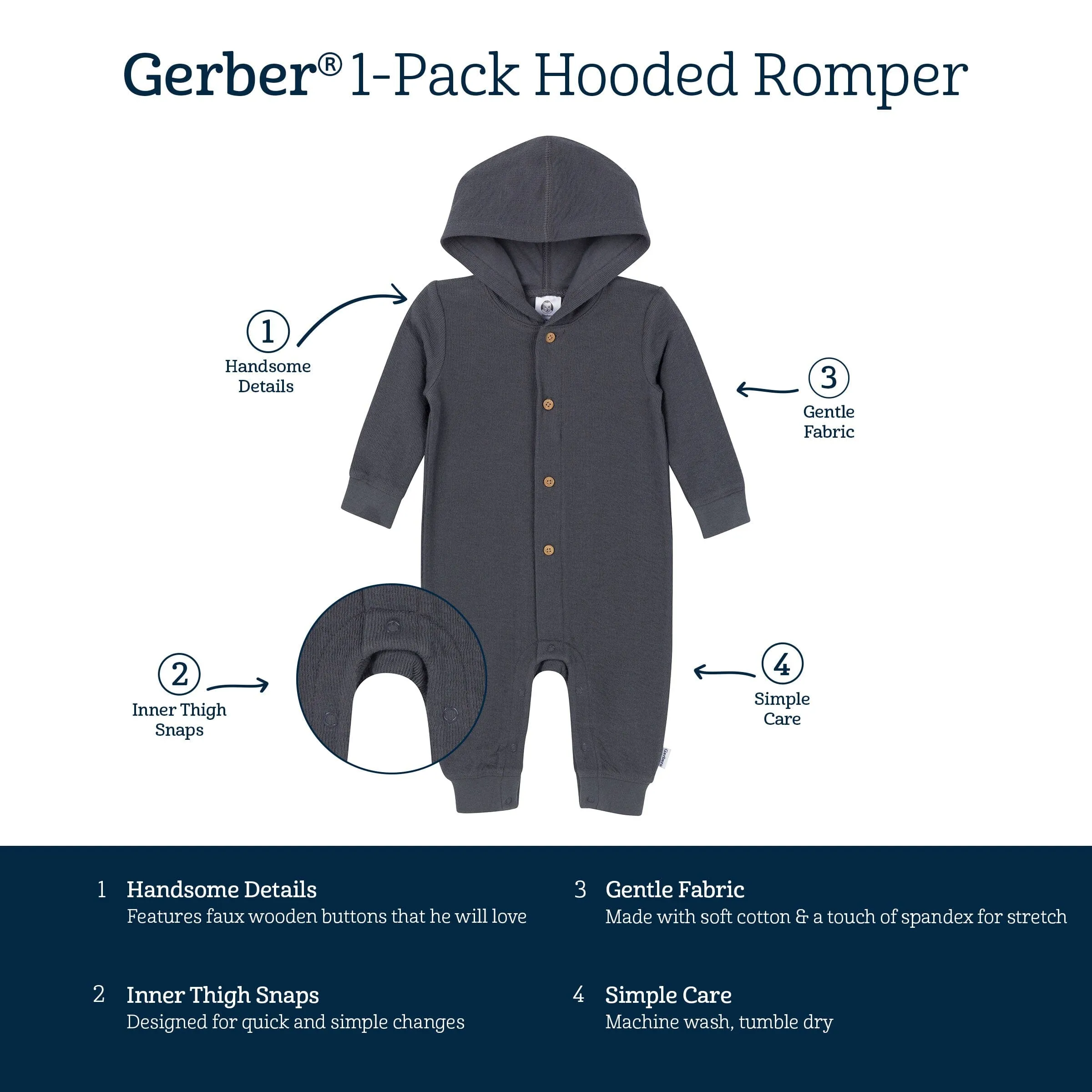 Baby Neutral Charcoal Hooded Romper Gerber Childrenswea