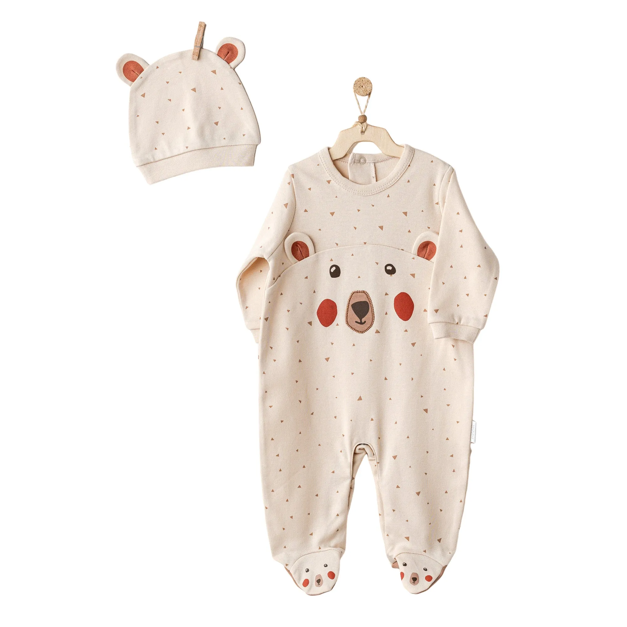 Beige Adventurous Bear Babygrow & Hat