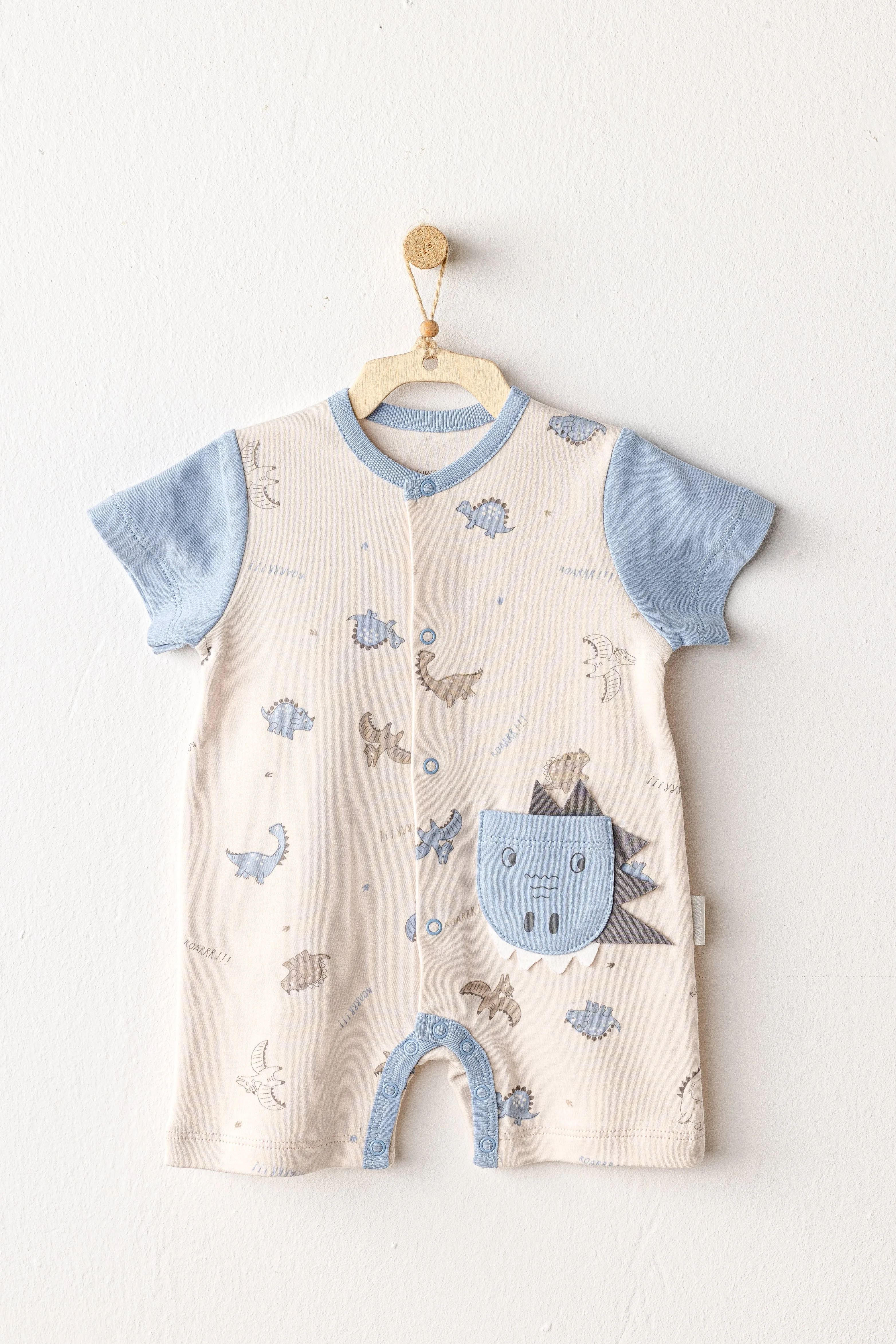 Beige Dinosaur Blue Sleeve Romper