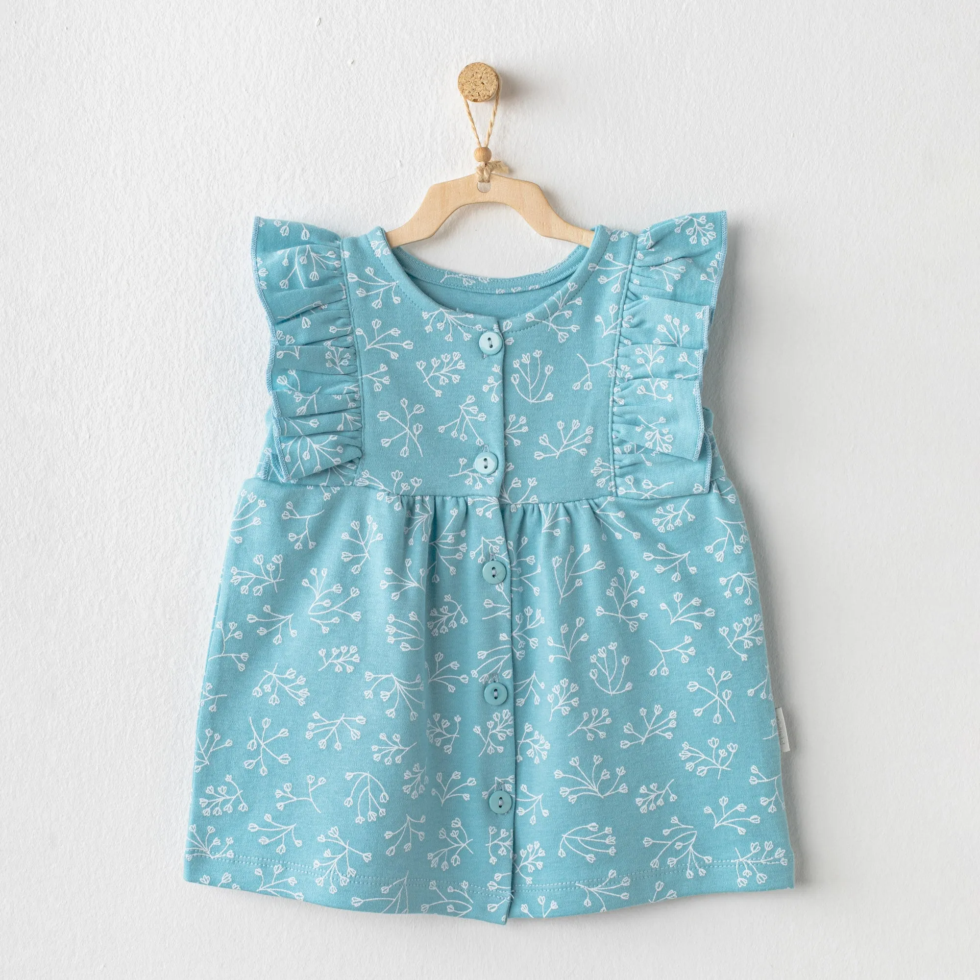 Blue Teal Floral Print Ruffle Dress
