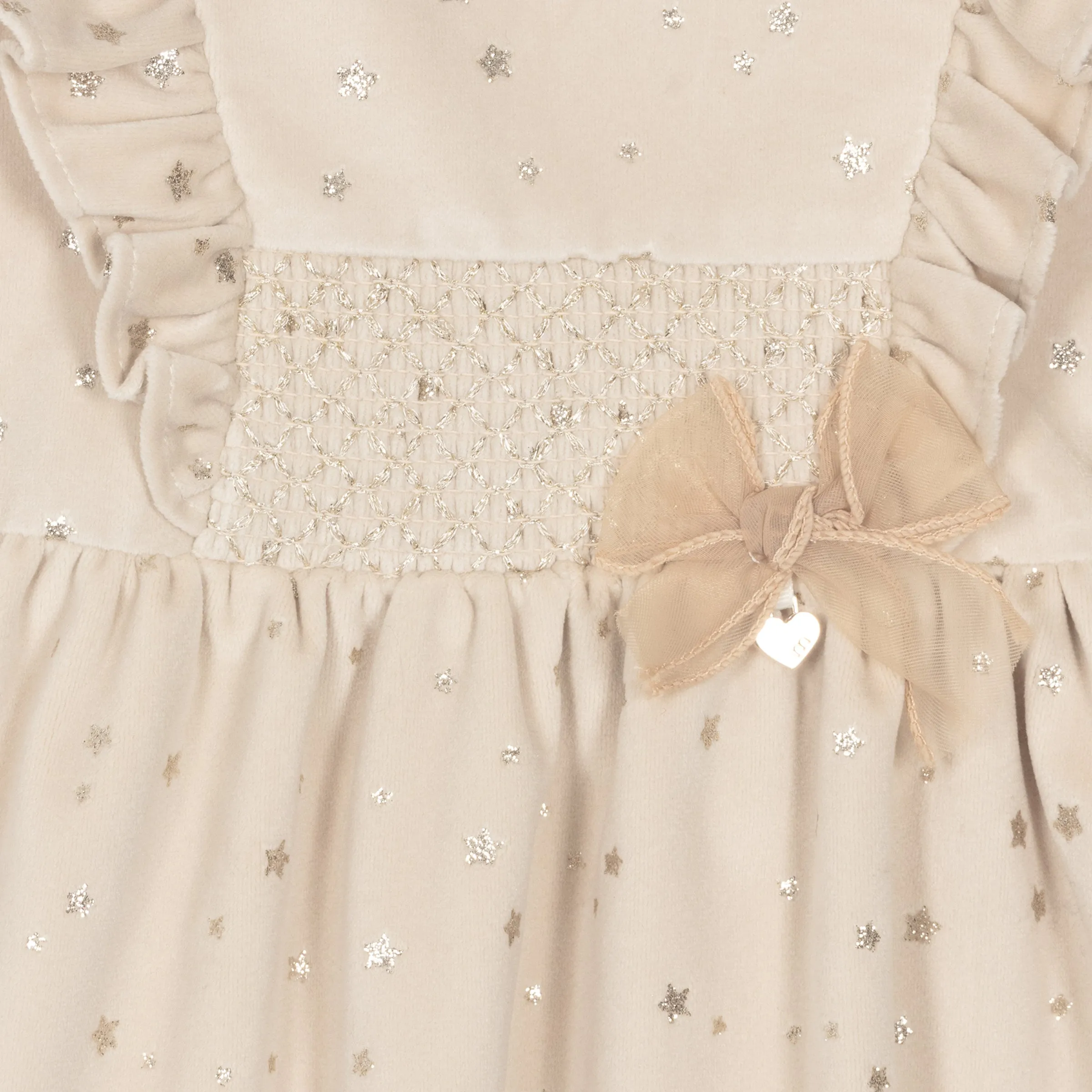 Champagne Ruffle Velvet Smocked Dress