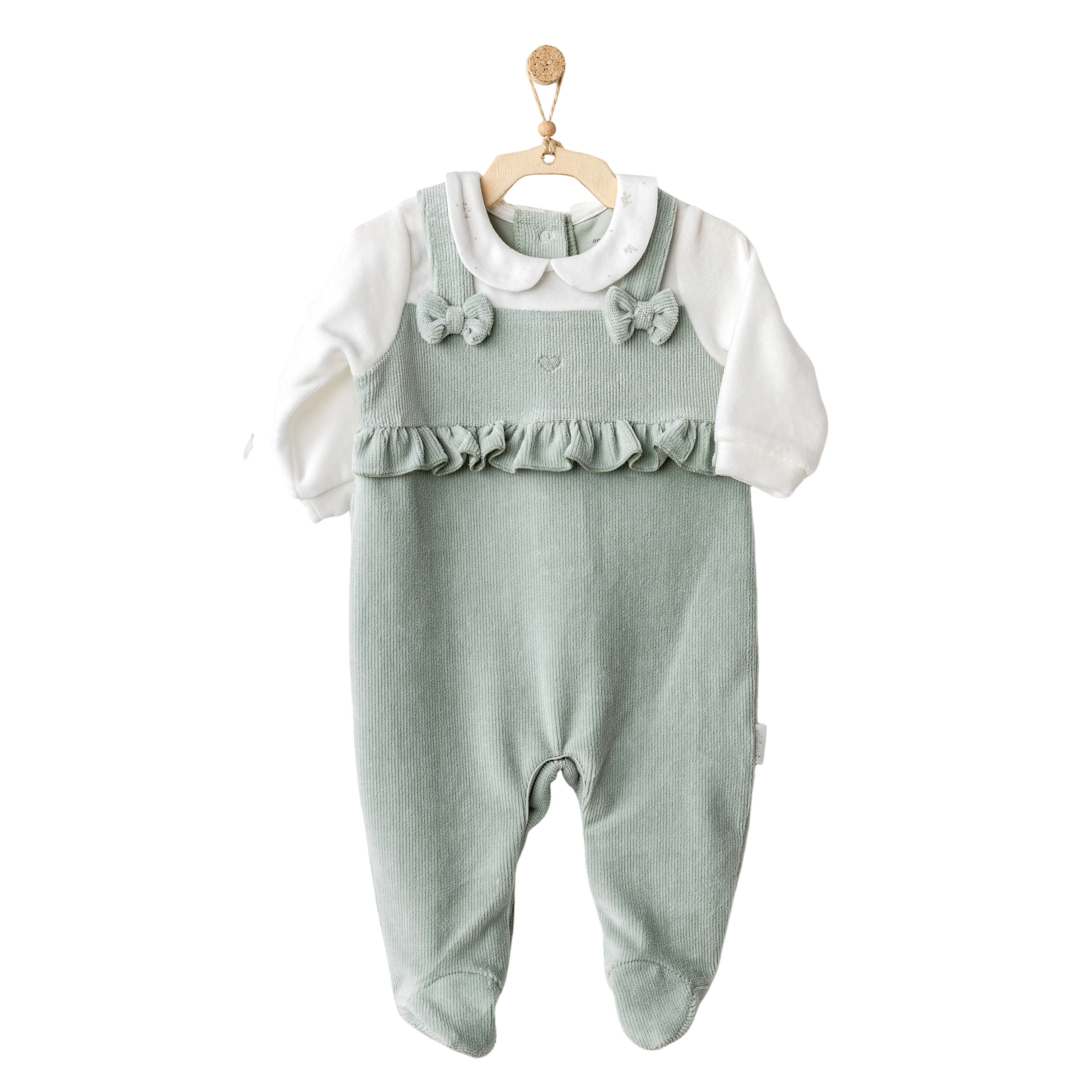 Green Bow Ruffle Velvet Babygrow