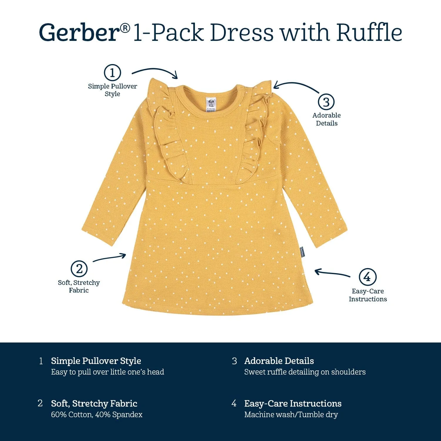 Infant and Toddler Girls Yellow Dots Dress with Ruffle Gerber Childrenswea