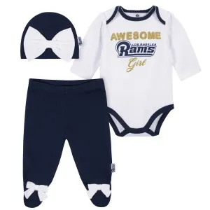 Los Angeles Rams Girl Outfit, 3pc  Bodysuit, Pant, and Cap Set - Rams Gerber Childrenswea