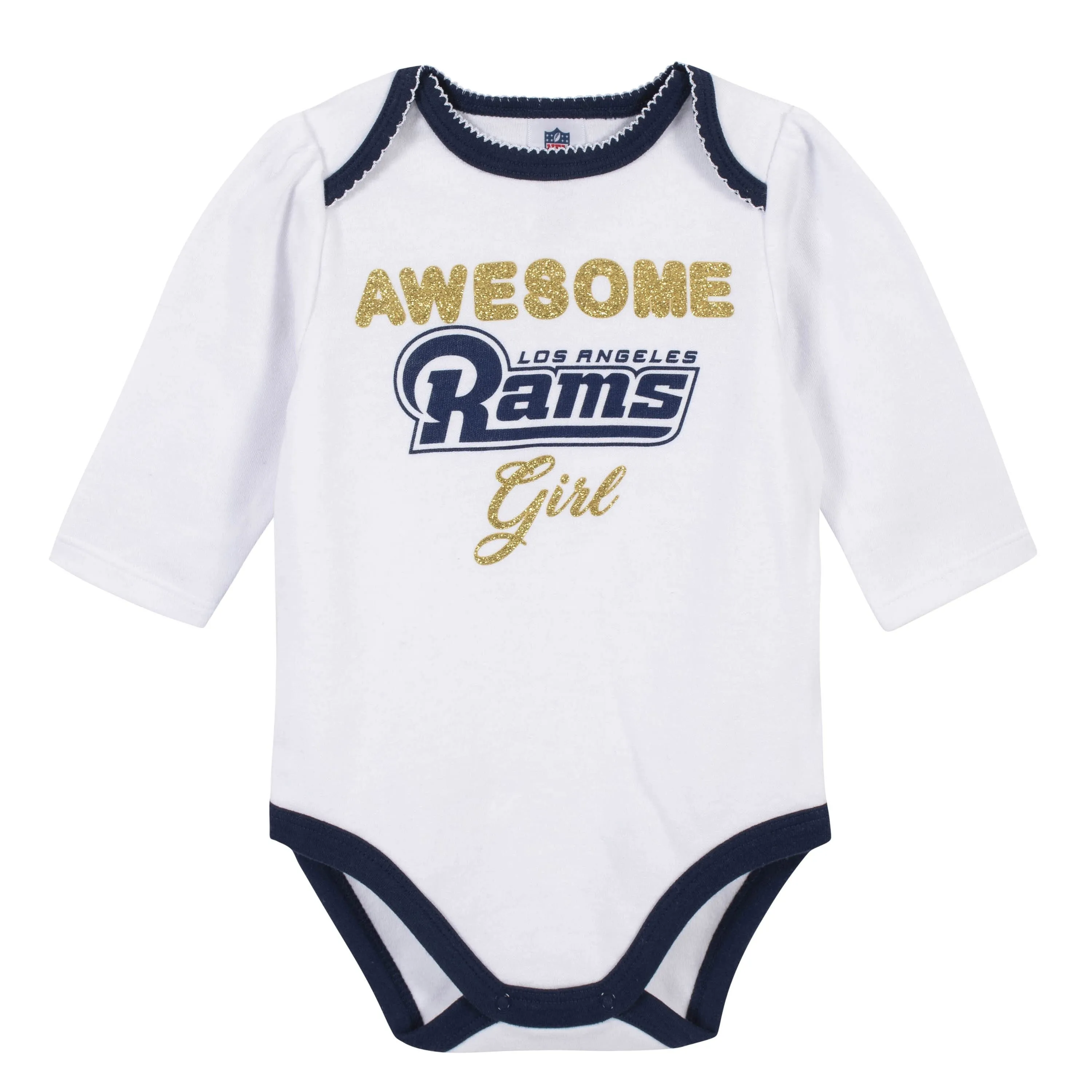 Los Angeles Rams Girl Outfit, 3pc  Bodysuit, Pant, and Cap Set - Rams Gerber Childrenswea