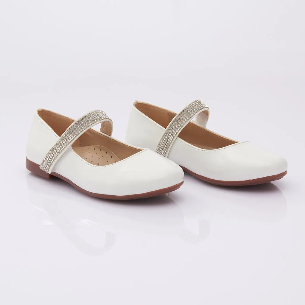Patent White Rhinestone Strap Flats