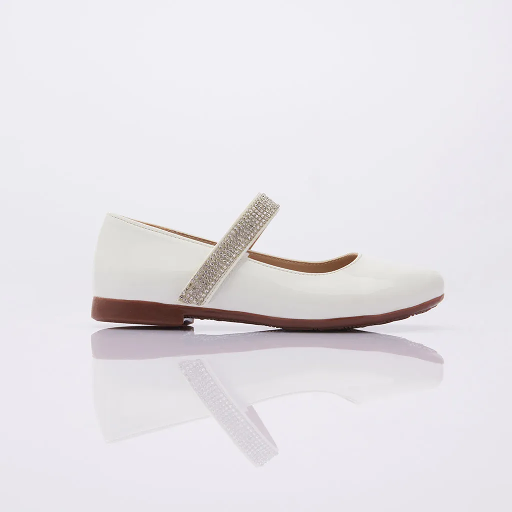 Patent White Rhinestone Strap Flats