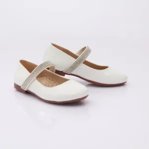 Patent White Rhinestone Strap Flats