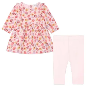 Pink Leaf Print Dress & Leggings