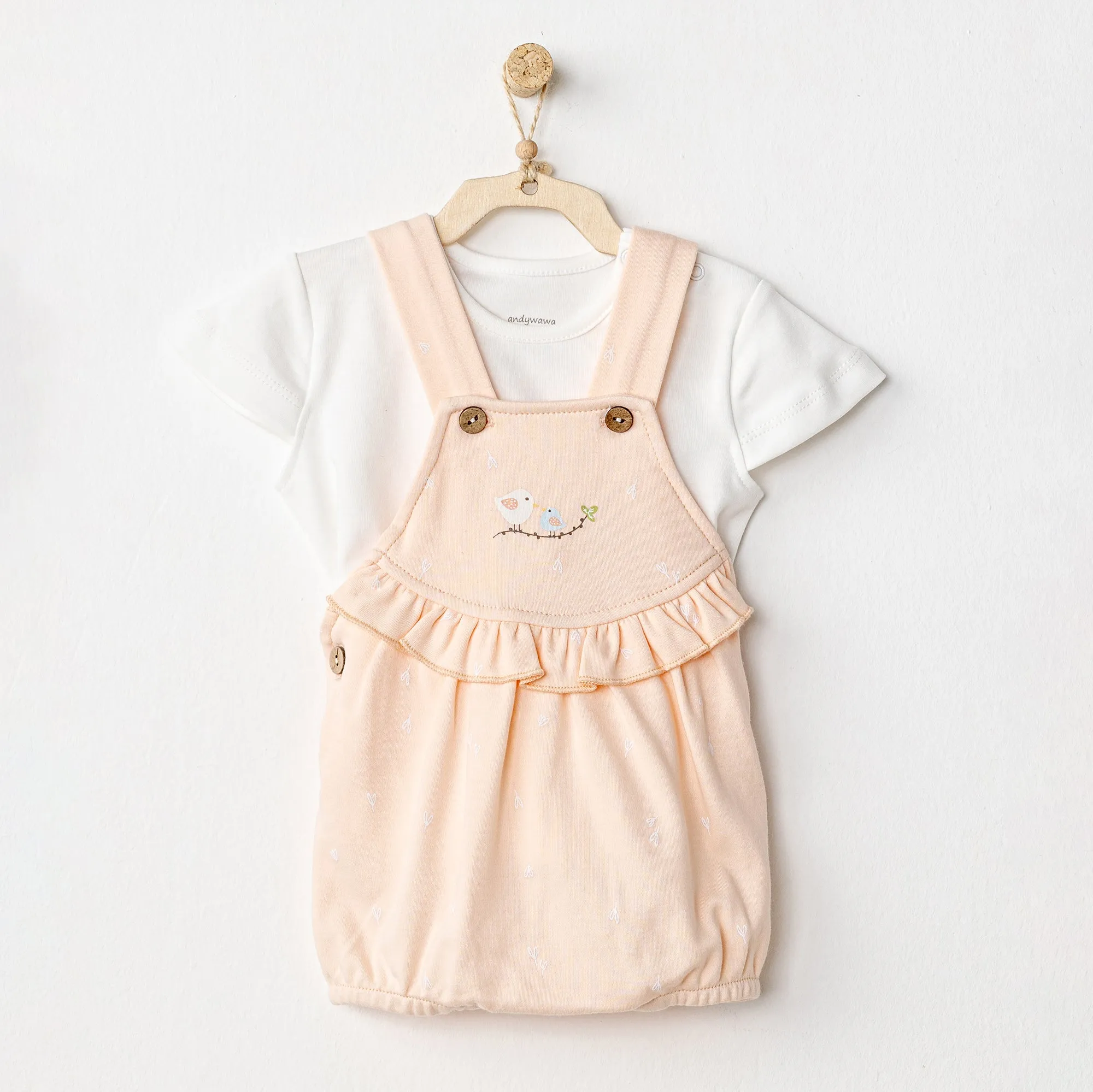 Pink Spring Birds Overalls Outfit