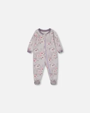 Printed Organic Cotton One-Piece Pajama Pale Pink Flowers On Neutral Lilac