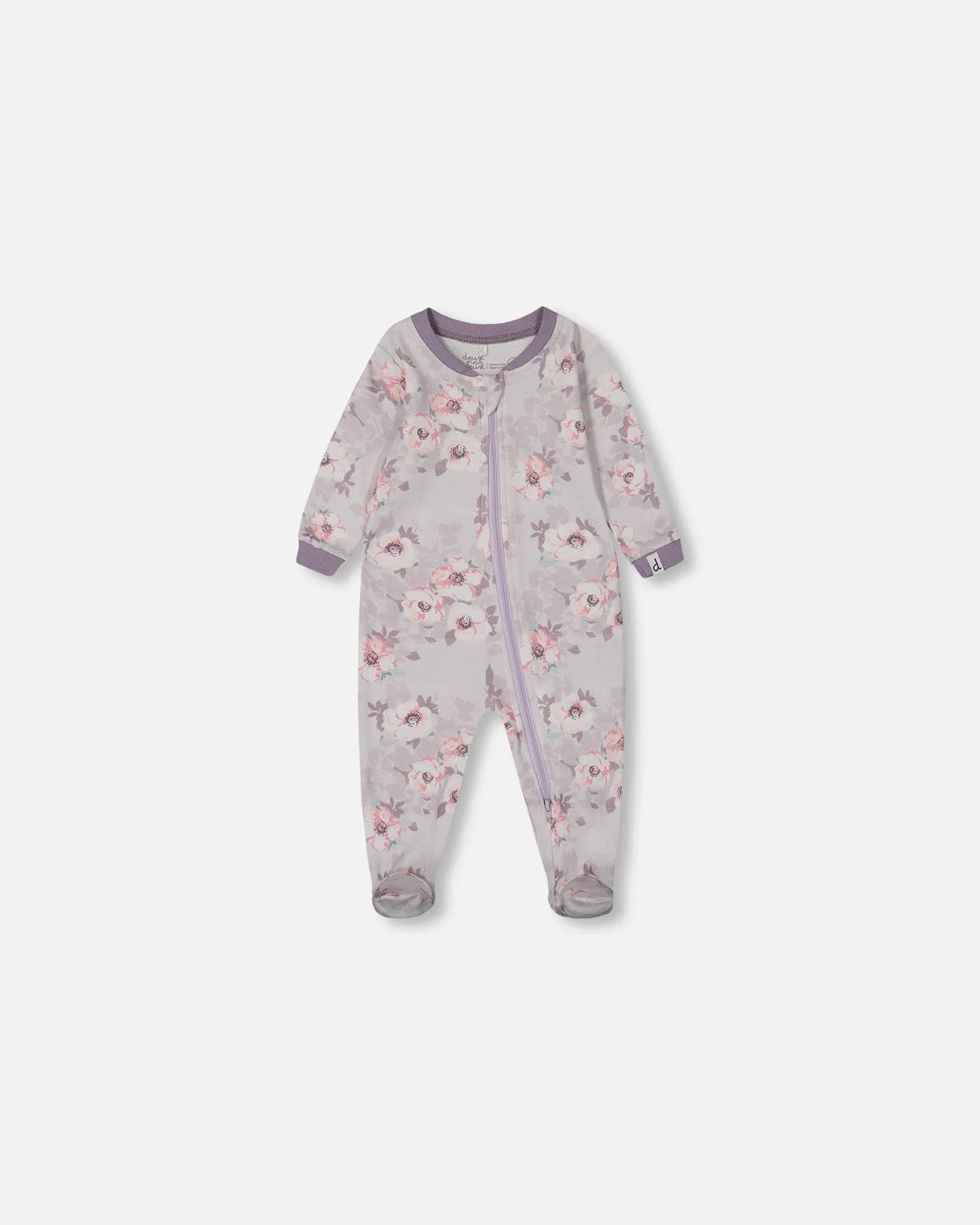 Printed Organic Cotton One-Piece Pajama Pale Pink Flowers On Neutral Lilac