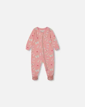 Printed Organic Cotton One-Piece Pajama Pink And Blue Butterflies On Old Pink