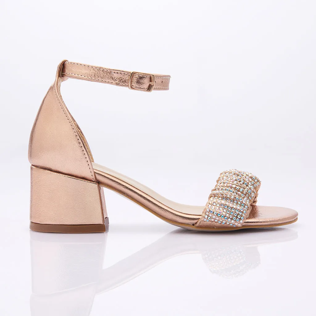 Rose Gold Scrunch Rhinestone Heels