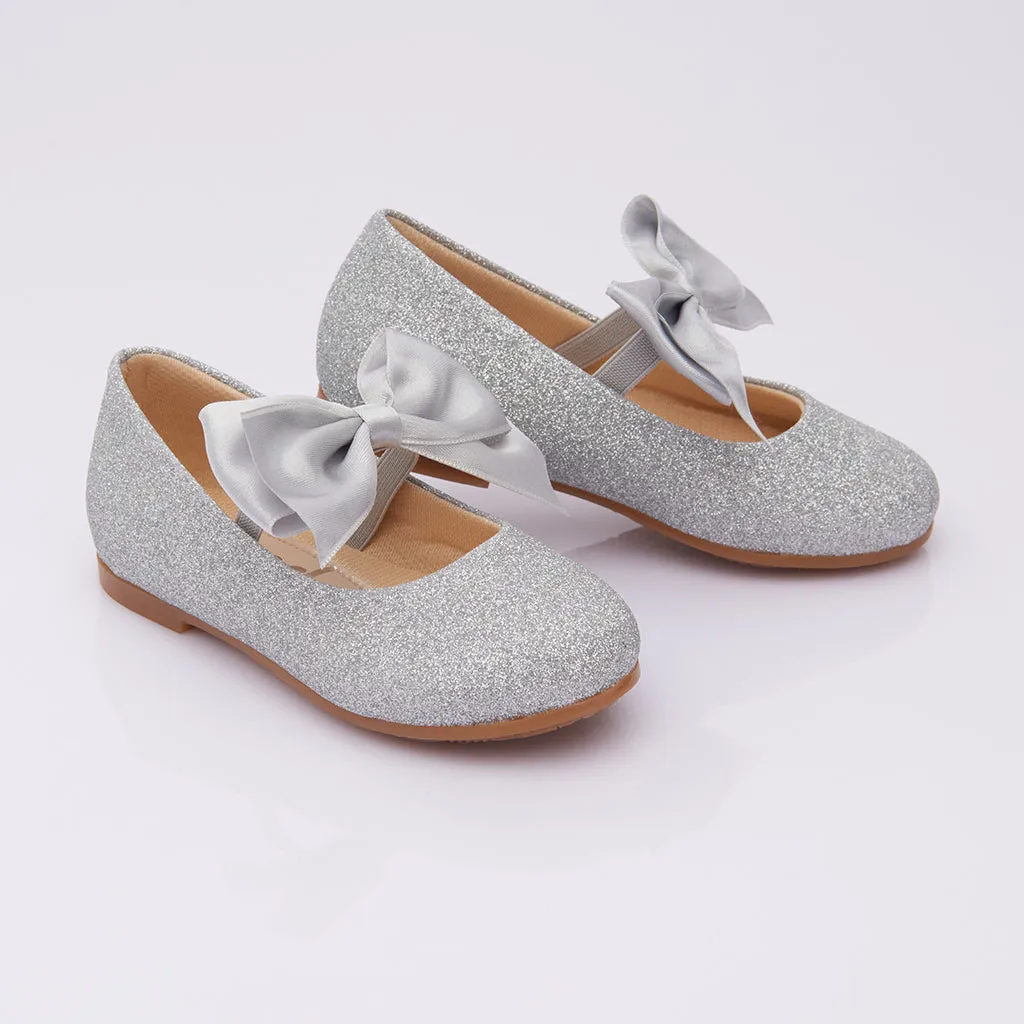 Silver Glitter Elastic Bow Flats