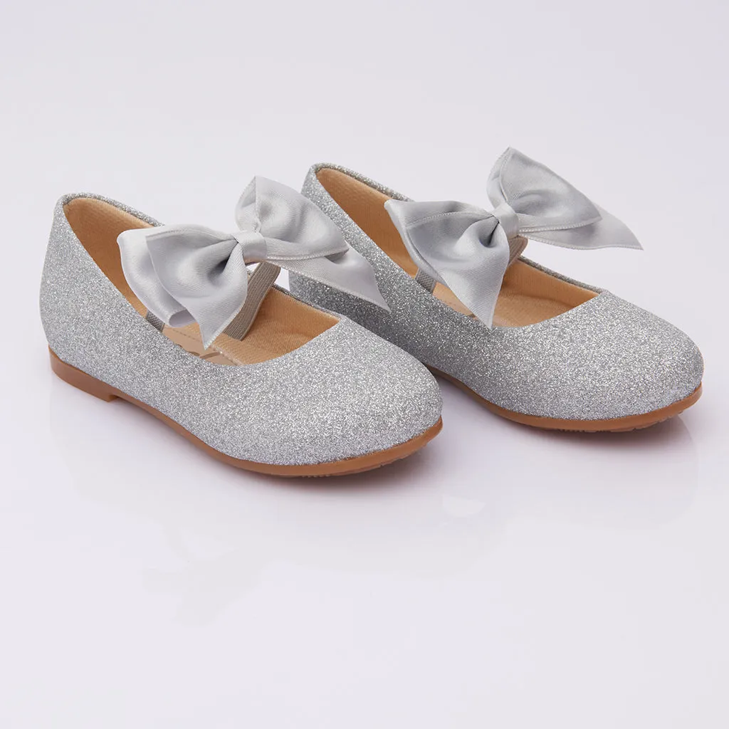 Silver Glitter Elastic Bow Flats