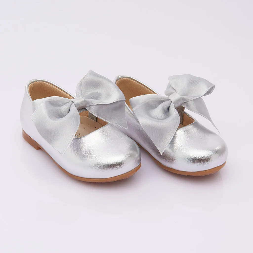 Silver Satin Elastic Bow Flats