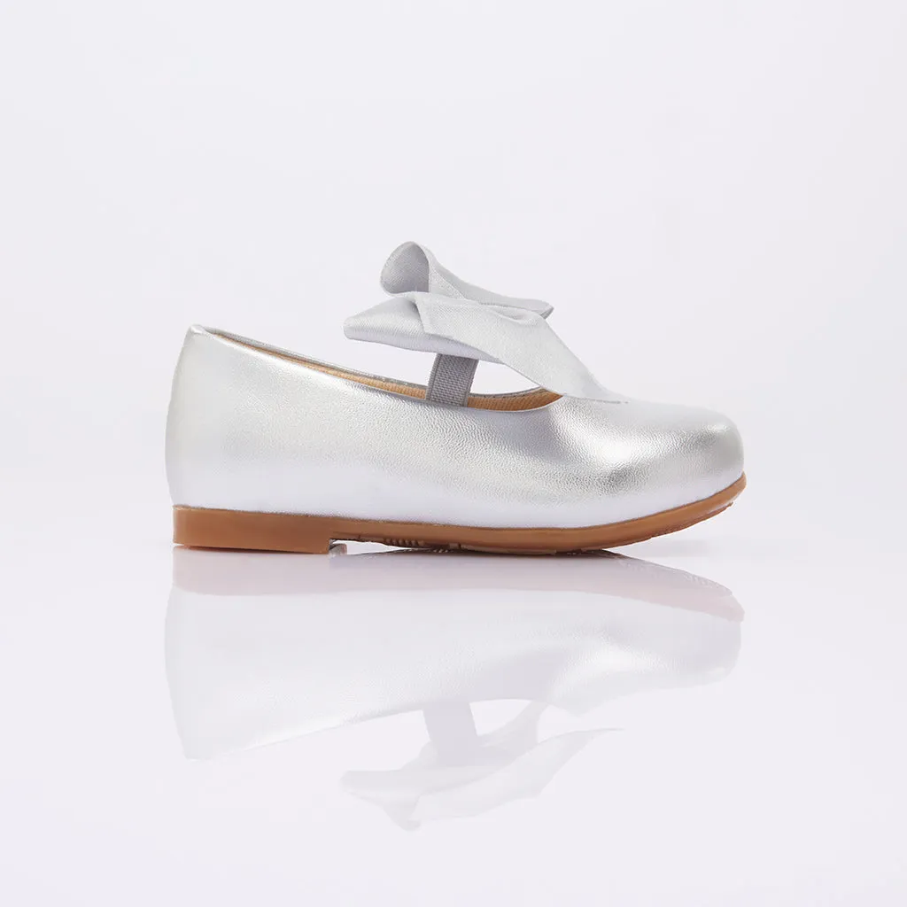 Silver Satin Elastic Bow Flats